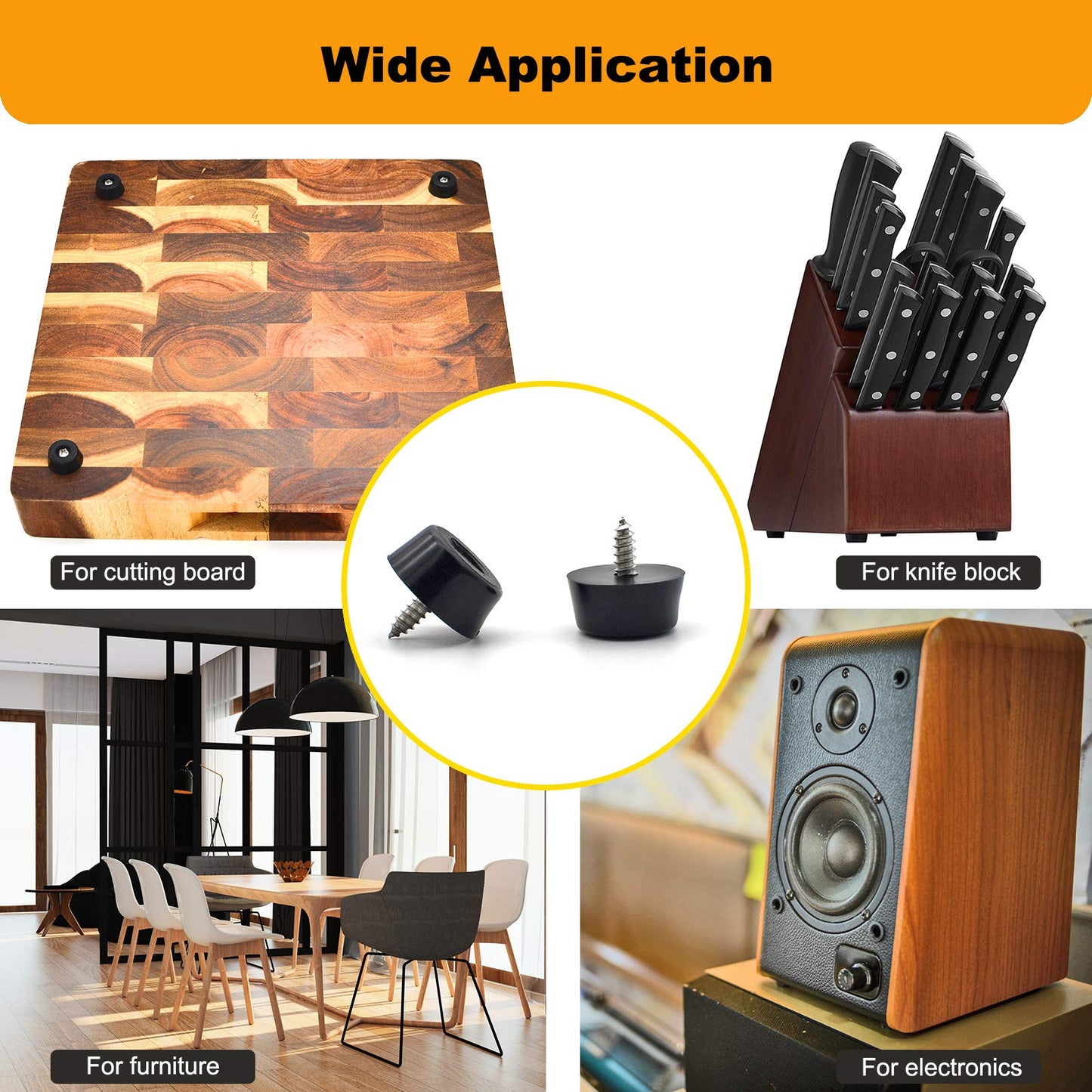 Rubber Feet for Cutting Board with Stainless Screws, 12 Pieces Non Slip Rubber Bumper Feet for Electronics 13/16" W x 3/8" H