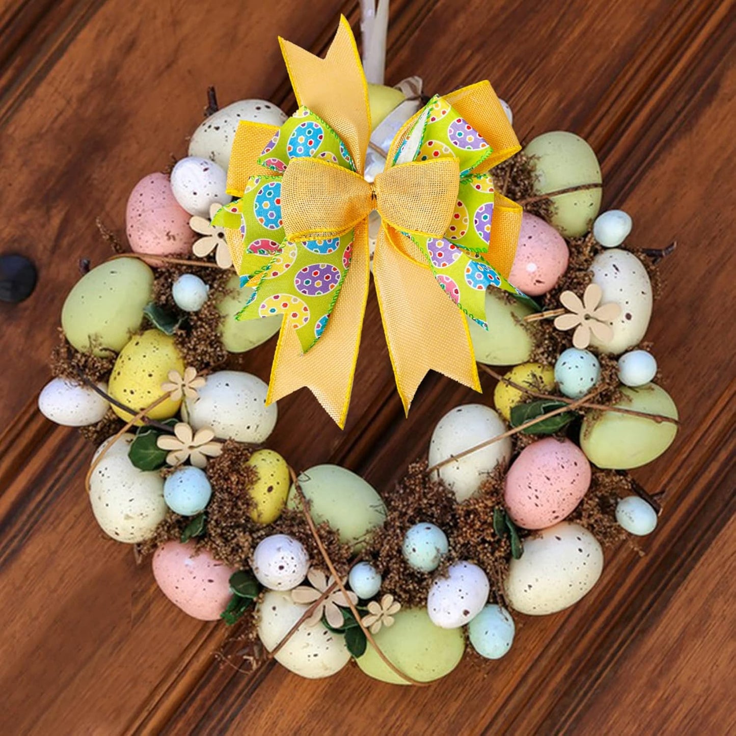 SIMISI Ribbon Easter Wreath Bow - Yellow Egg Door Wall Ornament for Home Decor | 9.5 x 13 Inch