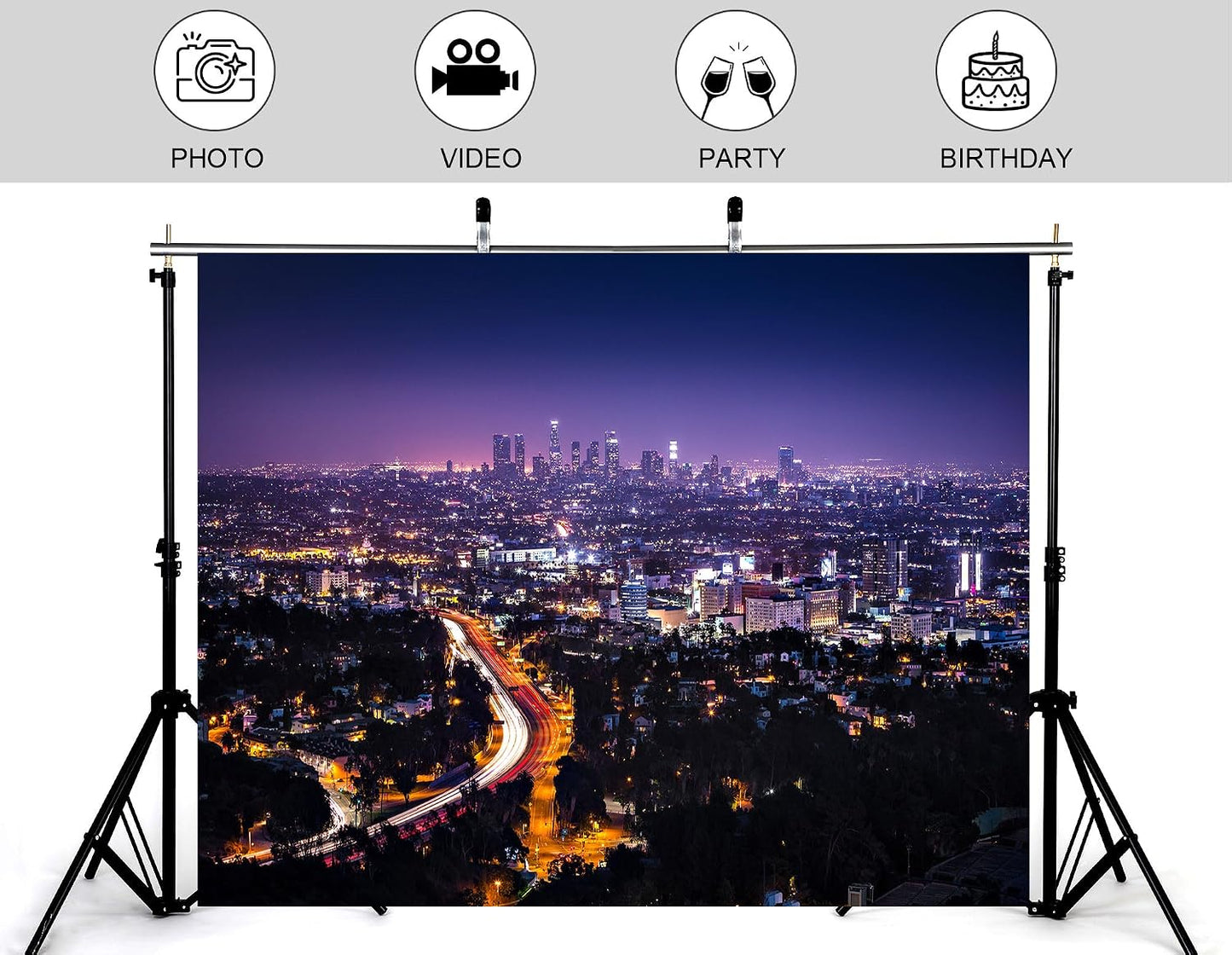KeyWork 10x7ft Los Angeles Skyline Backdrop Purple Night Sky Light Trails City Lights Photography Background for Urban