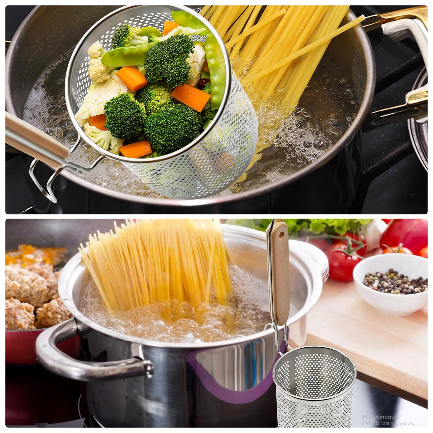 Stainless Steel Pasta Strainer, 2pcs Micro-Perforated Food Dumpling Noodle Strainer with Wood Handle Straining Noodles Pasta Baskets