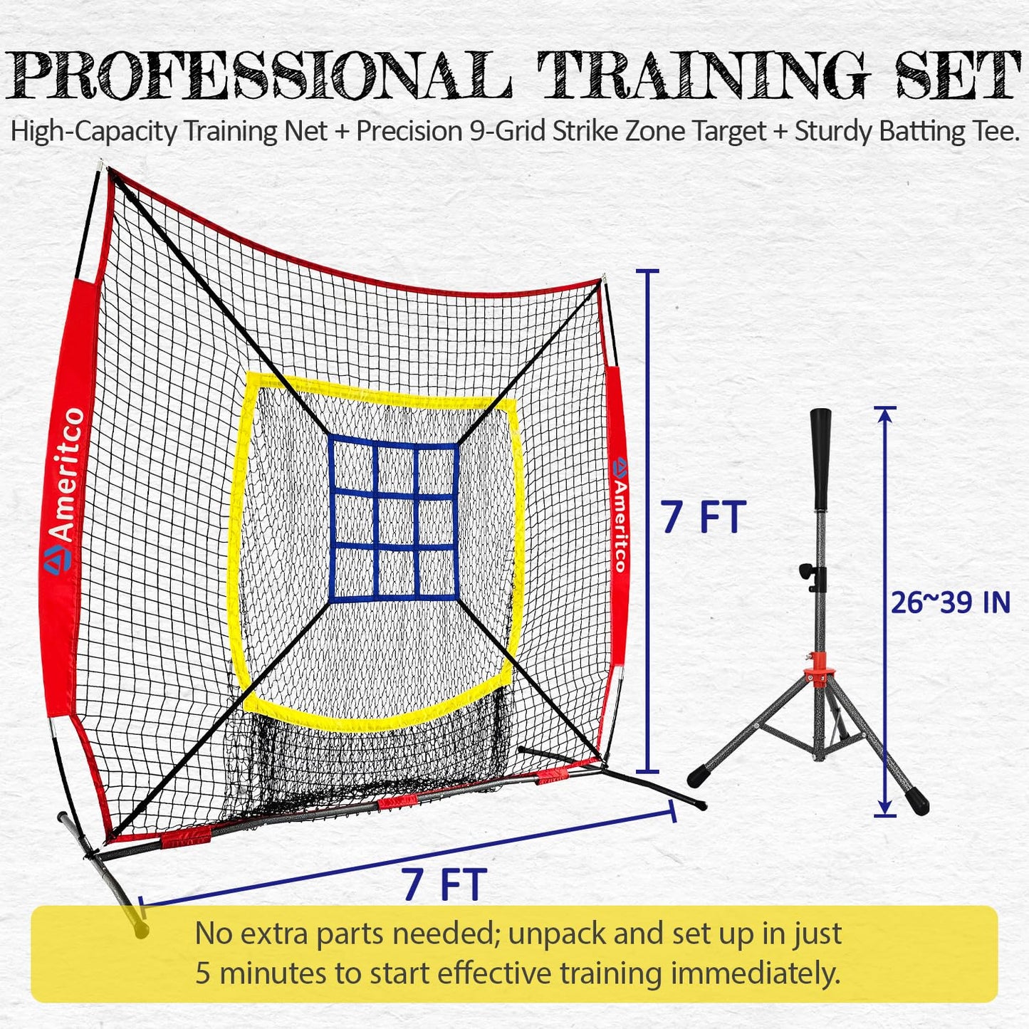 Ameritco Baseball Net，7x7ft Baseball Practice Net with Tee and Target, Large Pocket Sports net for Hitting/Batting/Pitching/Throwing,Scratch Resistant Base, Versatile Use for All Levels (Red)