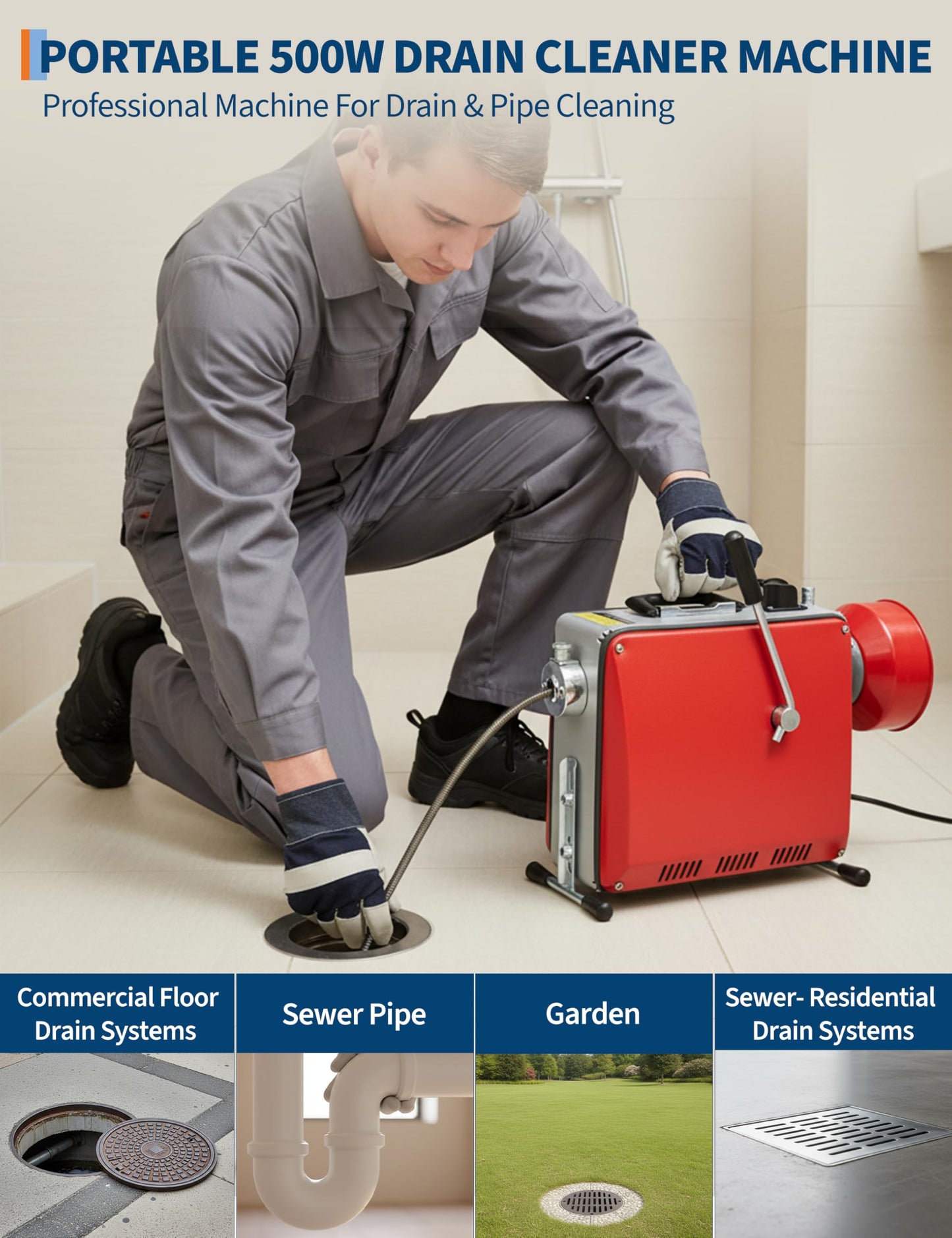 GarveeTech Portable Electric Drain Cleaner Machine, 66Ft x 5/8" & 16Ft x 3/8" Dual Cable Sewer Snake Auger with 6 Cutters for 1-4 Inch Pipes Clog Removal for Household & Professional Use
