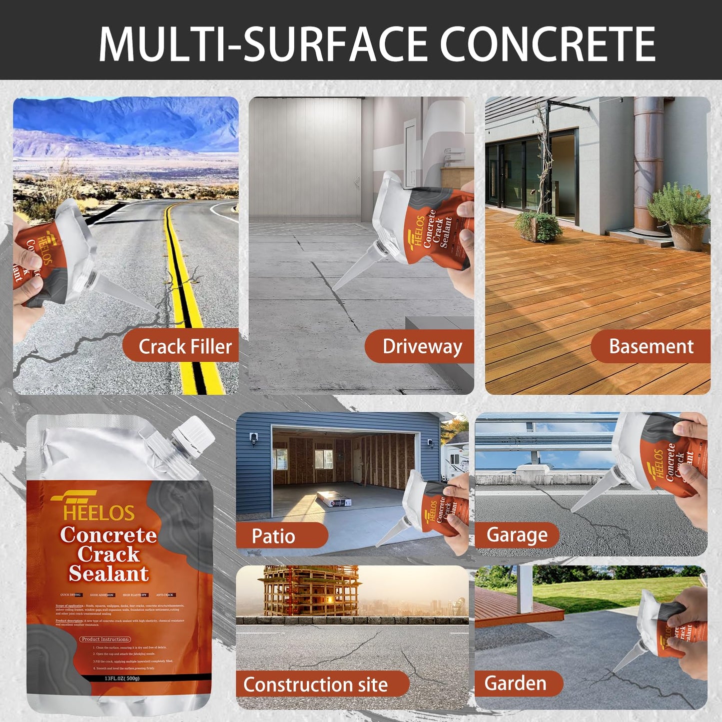 Concrete Crack Filler Self Leveling,6 Pack Slab Concrete Crack Sealant, High Elasticity Cement Crack Filler Repair Sealer, Waterproof Sealing Caulking Adhesive for Driveway, Patio, Sidewalk(Grey)