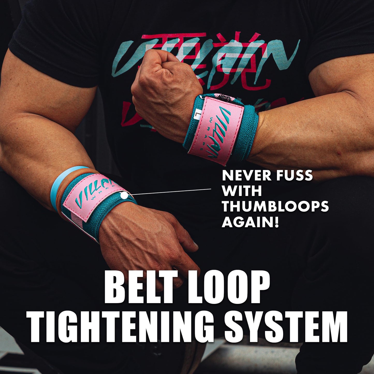 Villain 16" Wrist Wraps for Weightlifting & Powerlifting – Adjustable Support Straps for Men and Women – Ideal for Strength Training, CrossFit, Bodybuilding – Durable Comfort to Eliminate Wrist Pain - Pink Teal