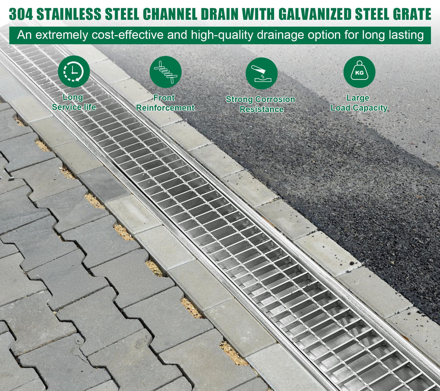 Natotela Driveway 304 Stainless Steel Channel Drain with Galvanized Steel Grate-39.4x7.1x6.3in B125 Heavy Duty Trench Drain System,3 Pack Total Length 118.2in,Metal Drainage System for Garage