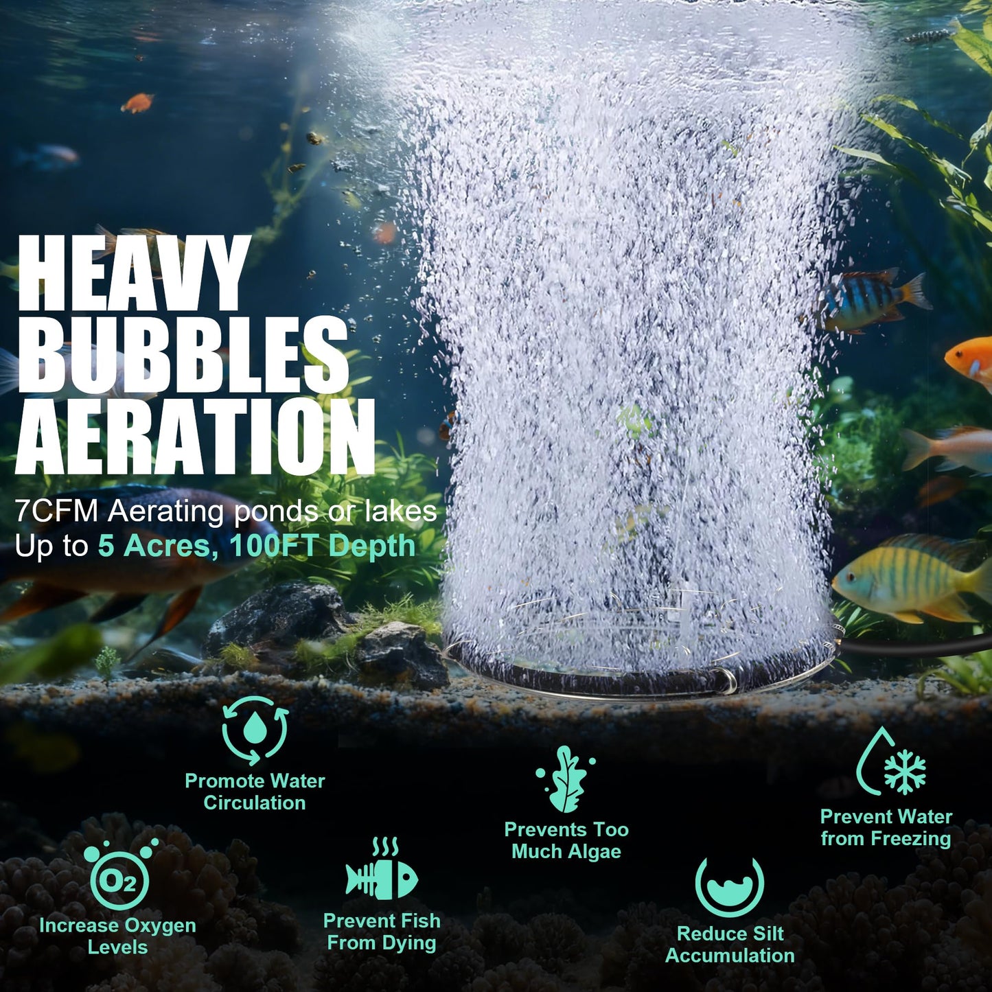 Goldlife A1 Pond Aerator, 1HP 750W 110V/120V 7CFM Aerartion System for Up to 5 Acre Lake, With Air Compressor & 2 100FT Tubings & 2 Diffusers & Timer, for Outdoor Ponds Water Oxygen Circulation