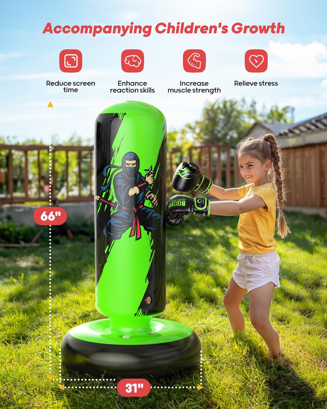 QPAU Punching Bag for Kids, 66 Inch Stable Inflatable Boxing Bag with Boxing Gloves, Stand Kids Punching Bag Toy for Boys & Girls Age 6-12, Boxing Set for Practicing Karate, Taekwondo, MMA