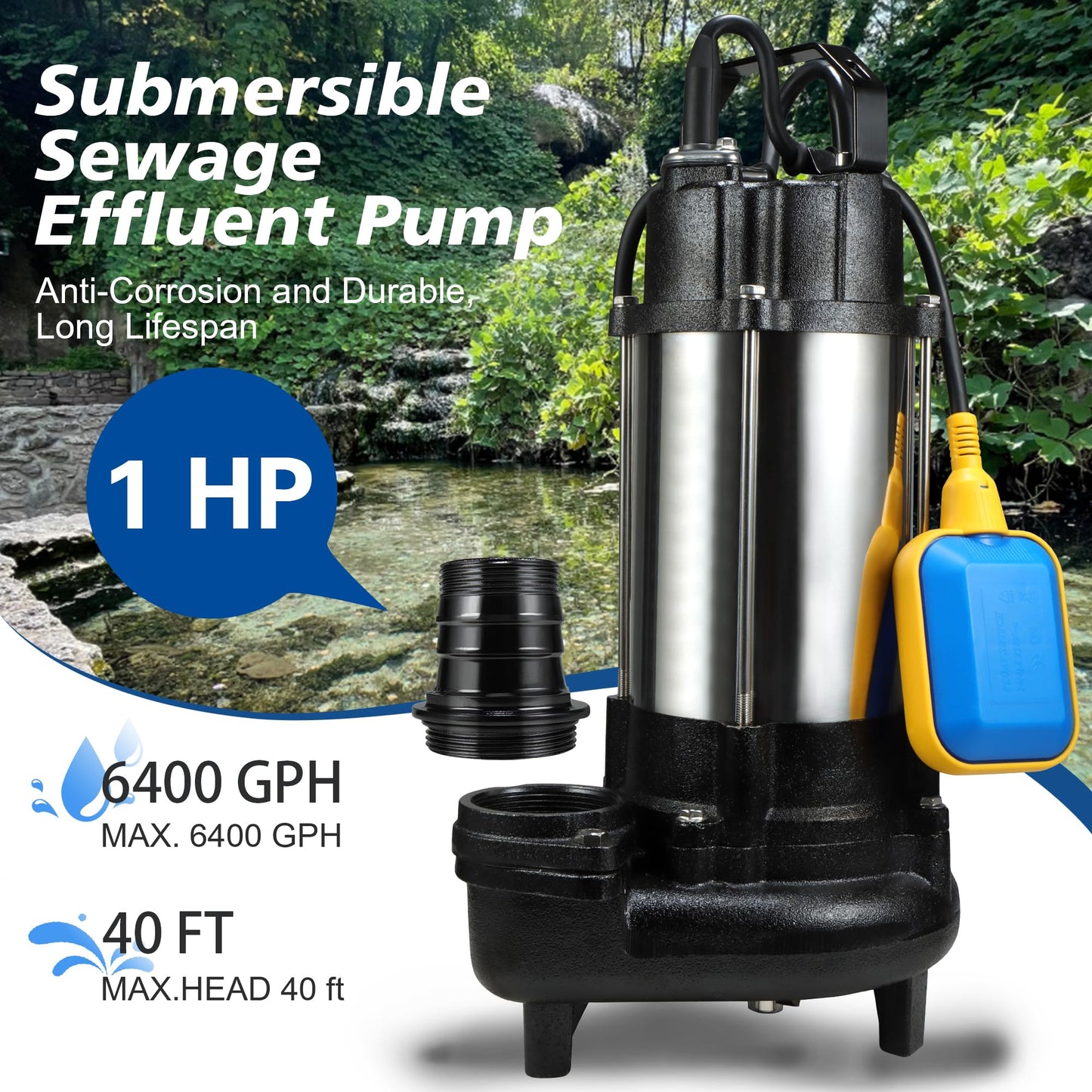 Sewage Effluent Grinder Pump, 1HP 110V 6400GPH, Stainless Steel Cast Iron with Automatic Float Switch, 2'' NPT Discharge for Basement, Sump Basin, Residential Sewage