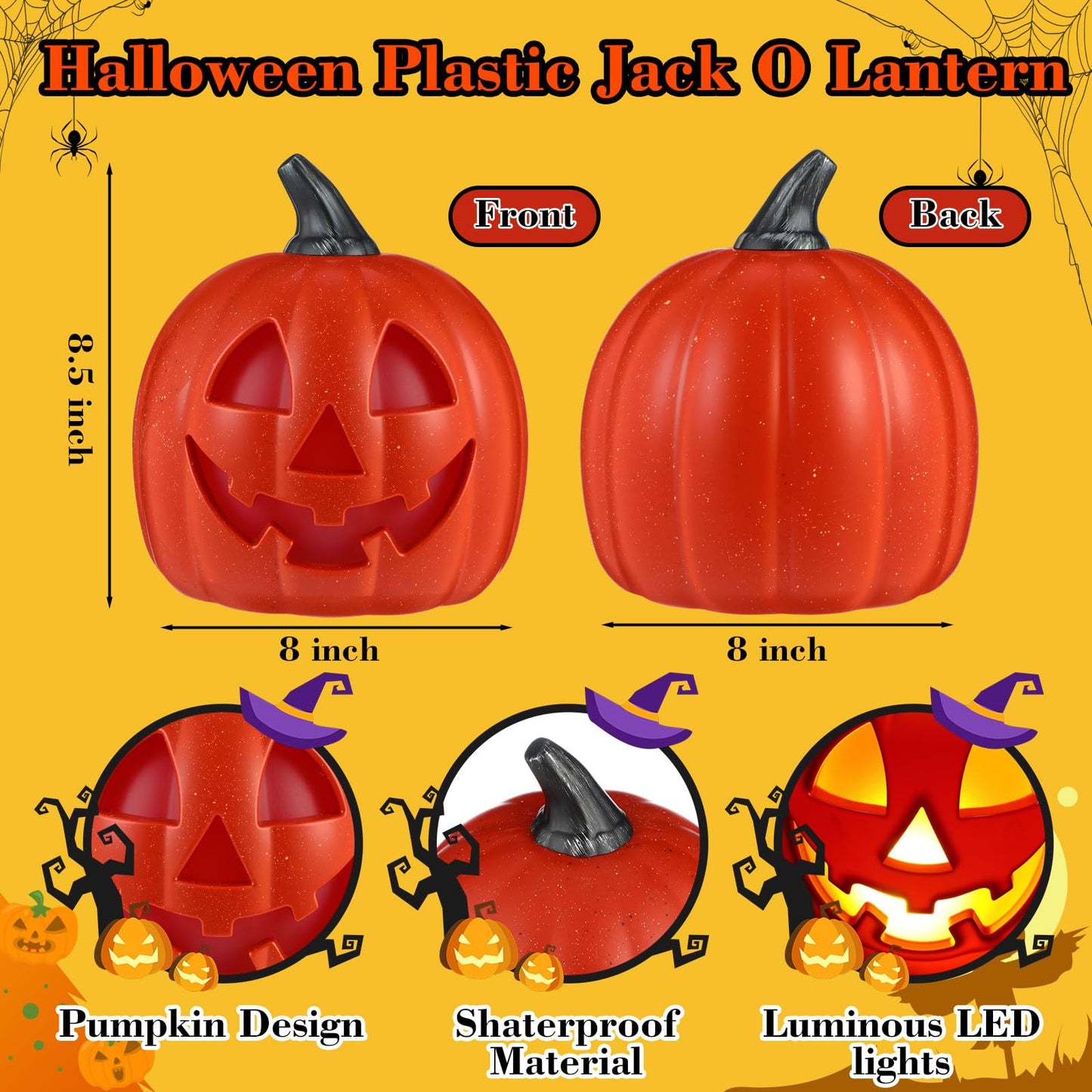 Kittmip 6 Pcs 8.5 Inch Halloween Plastic Jack O Lantern Pumpkins Battery Operated LED Pumpkin Decoration Light up Jack-o Lantern for Indoor Outdoor Yard Lawn Porch Garden Party(Orange)