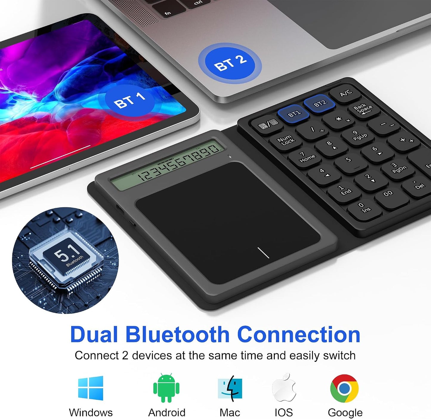Tioleje 23-Keys, 3 1 Bluetooth Number Pad Touchpad with Calculator - Rechargeable Folding Portable Wireless Numeric