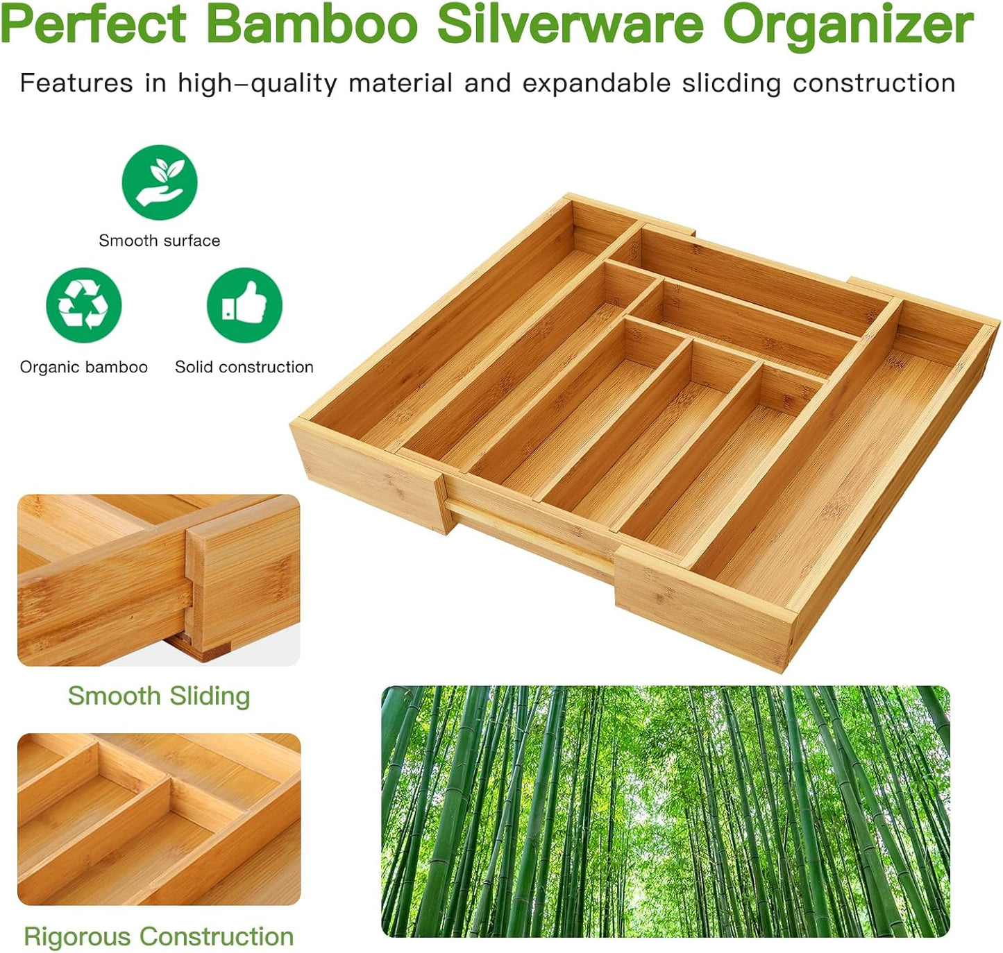 Pipishell Bamboo Silverware Drawer Organizer - Adjustable Utensil Tray for Kitchen & Home Storage