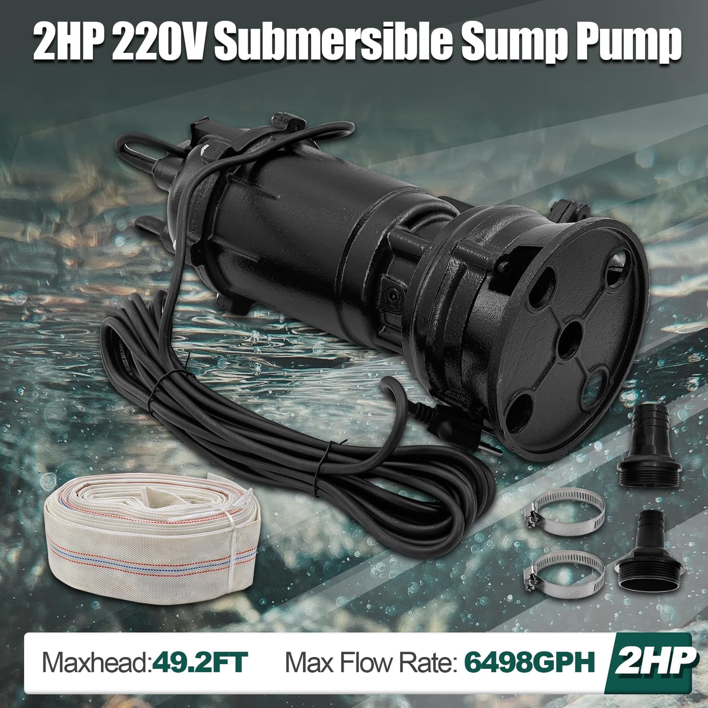 Dewinston 2HP 220V Submersible Sump Pump, 6498GPH Cast Iron Sewage/Effluent Pump 1500w with Automatic Float Switch and 66ft Hose for Sump Basin, Basement, Residential Sewage, 2'' NPT Discharge