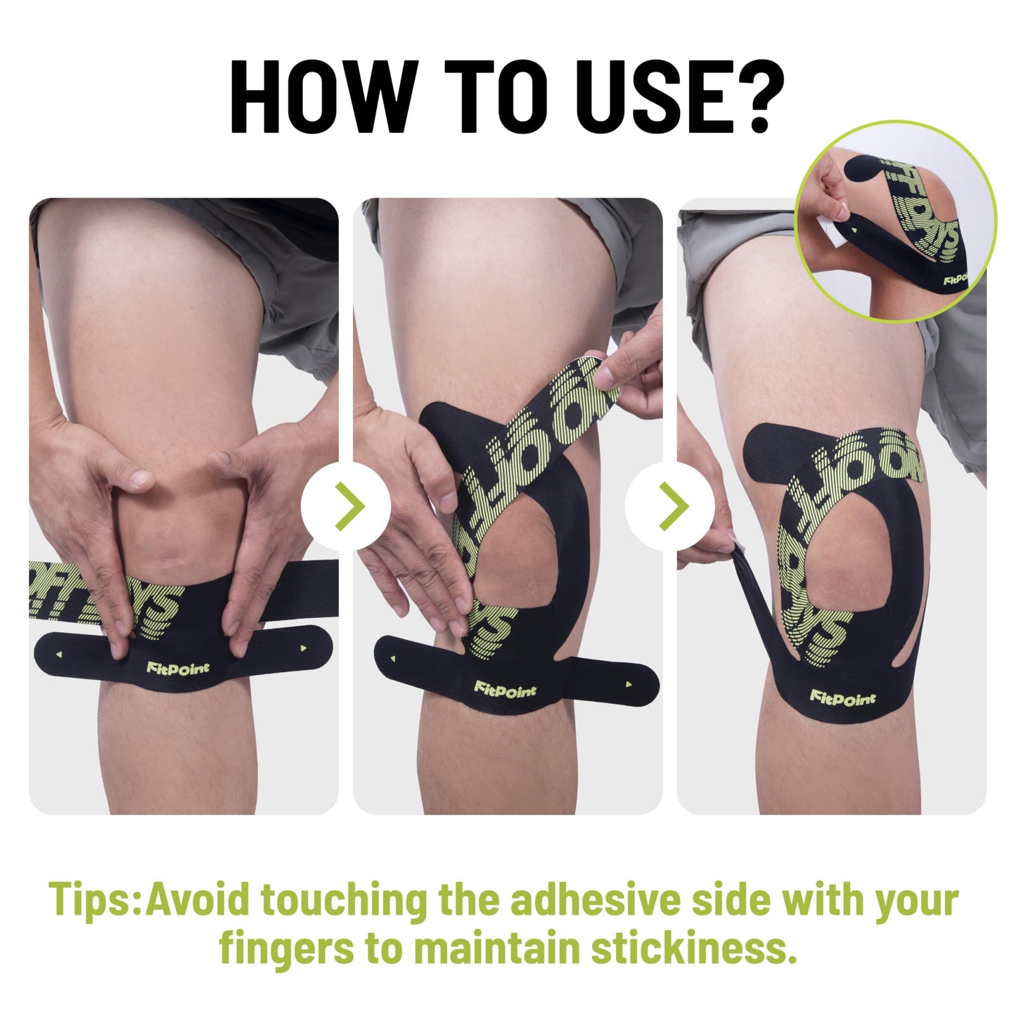 Kinesiology Tape for Knees 10 Pcs Ultra-Sticky Patella Knee Tape for Knee Pain Relief & Knee Stability Pre Cut Synthetic Kinetic Tape for Knee Support Waterproof Latex-Free Jet Black