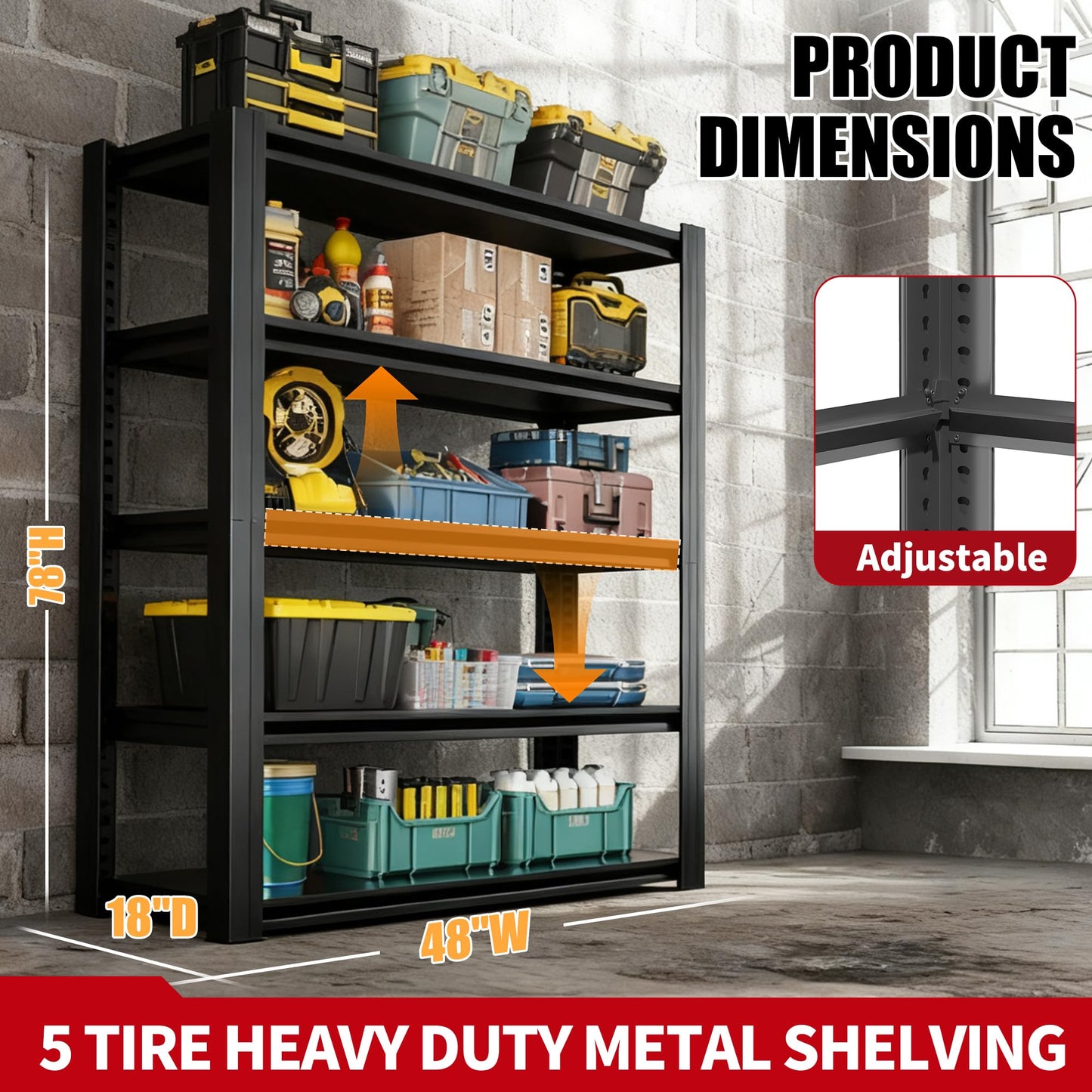 FOSTOKO Storage Shelves, 5-Tier Garage Shelving, Adjustable Heavy Duty Shelving Units, Metal Industrial Utility Organizer Storage Racks for Basement, Kitchen, Warehouse, Pantry,18" D×47.5" W×78" H