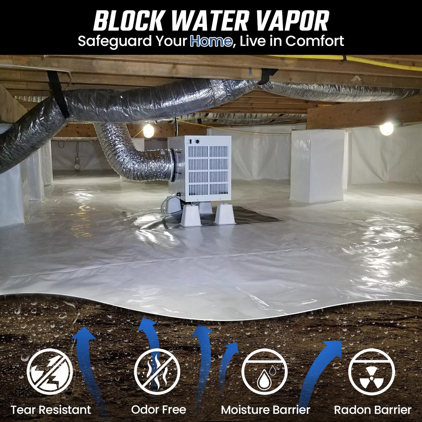 Crawl Space Vapor Barrier - 15 Mil Vapor Barrier - (12' x 50'), Tear Resistant, Heavy Duty Vapor Barrier Plastic, Drop Cloth Moisture Barrier Plastic Sheeting Covering for Crawlspace Encapsulation