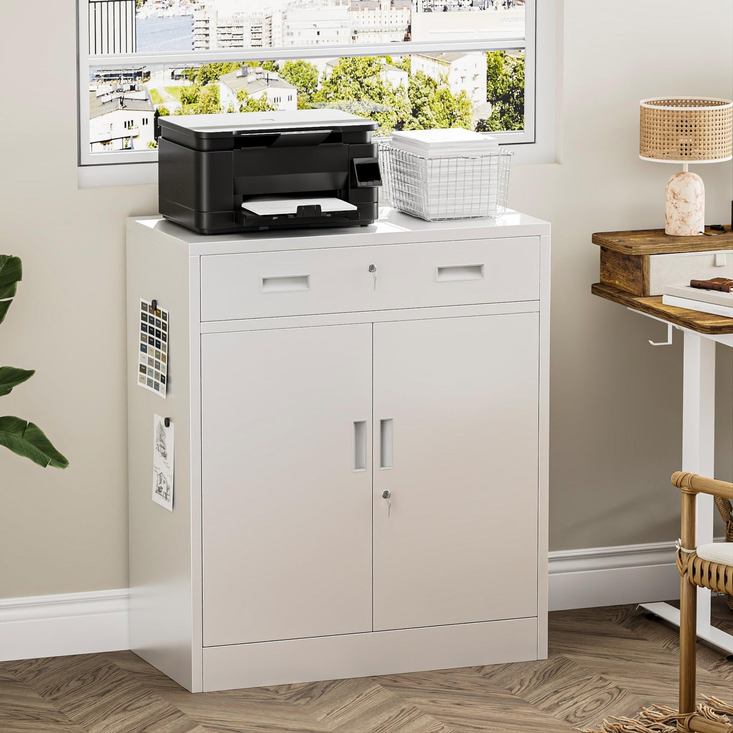 TaskStorz Metal Storage Cabinets with Drawer, 36" H Lockable Storage Cabinet with Doors and Adjustable Shelves, Small White Steel File Cabinet for Home, Office, Warehouse, School, Assembly Required