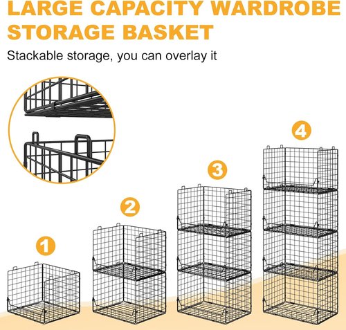 Jakyitvi 4-Tier Stackable Closet Organizer - Foldable Storage Bins for Clothes & Accessories - Sturdy Iron Mesh Shelves - Black