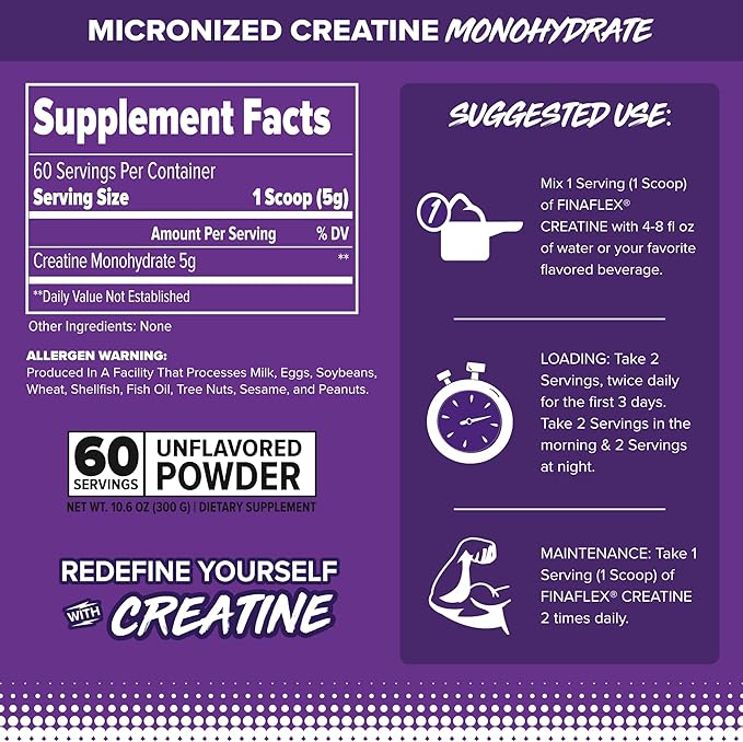FINAFLEX Pure CREATINE, Unflavored - 10.6 oz - Promotes Muscular Strength, Size & Performance - 100% Pure, Micronized Creatine Monohydrate - NSF Certified - 60 Servings