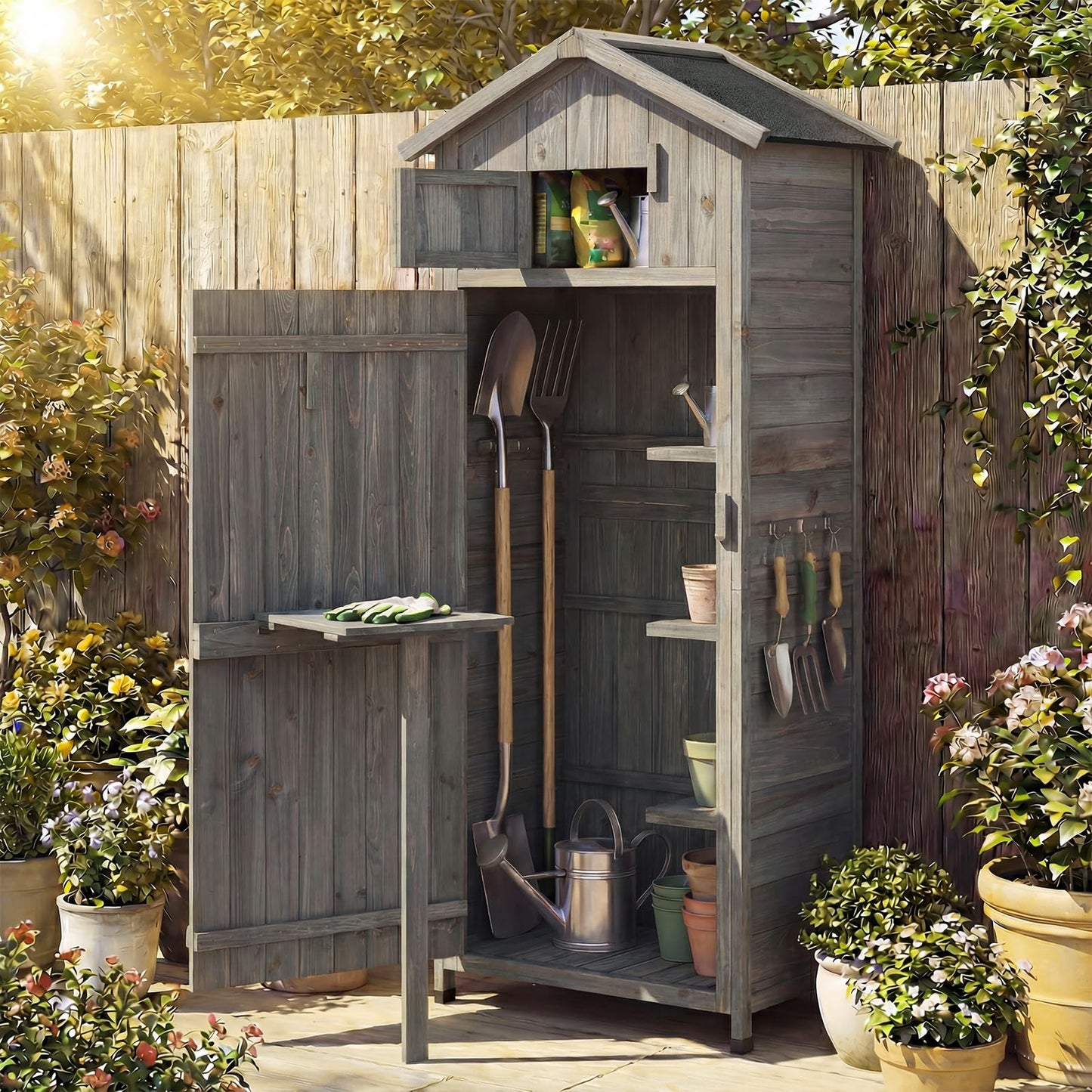 Goplus All-in-One Storage Shed, 70" Tall Wooden Lockable Cabinet w/Foldable Work Table, Vertical Utility Tool Organizer w/Shelves & Hooks, Waterproof Garden Shed for Patio Backyard (Gray)