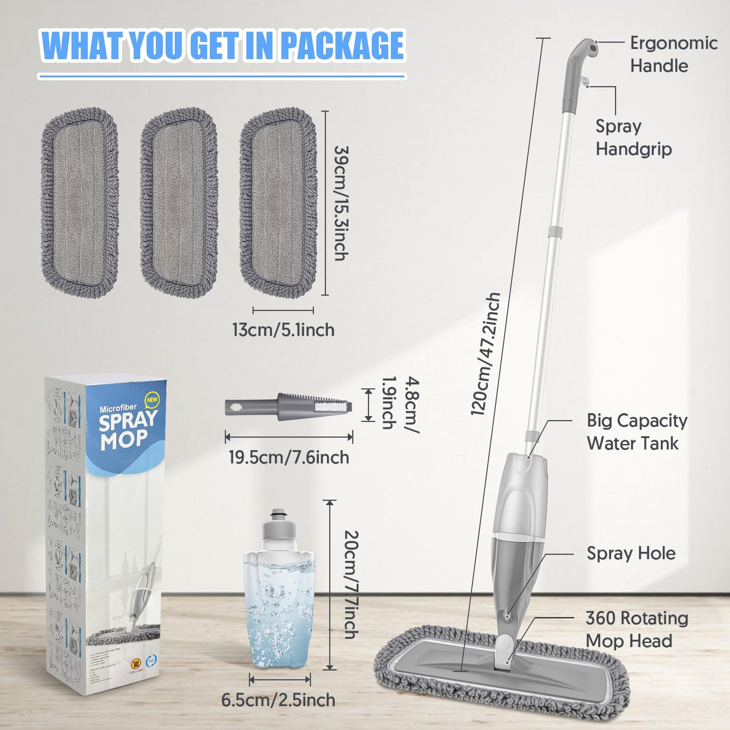 Microfiber Spray Mops for Floors Cleaning: EXEGO Dust Wet Mop with 3 Washable Reusable Pads for Swiffer Powermop &1 Refillable Bottle - Flat Floor Mop for Hardwood Laminate Ceramic Tiles Vinyl Wood