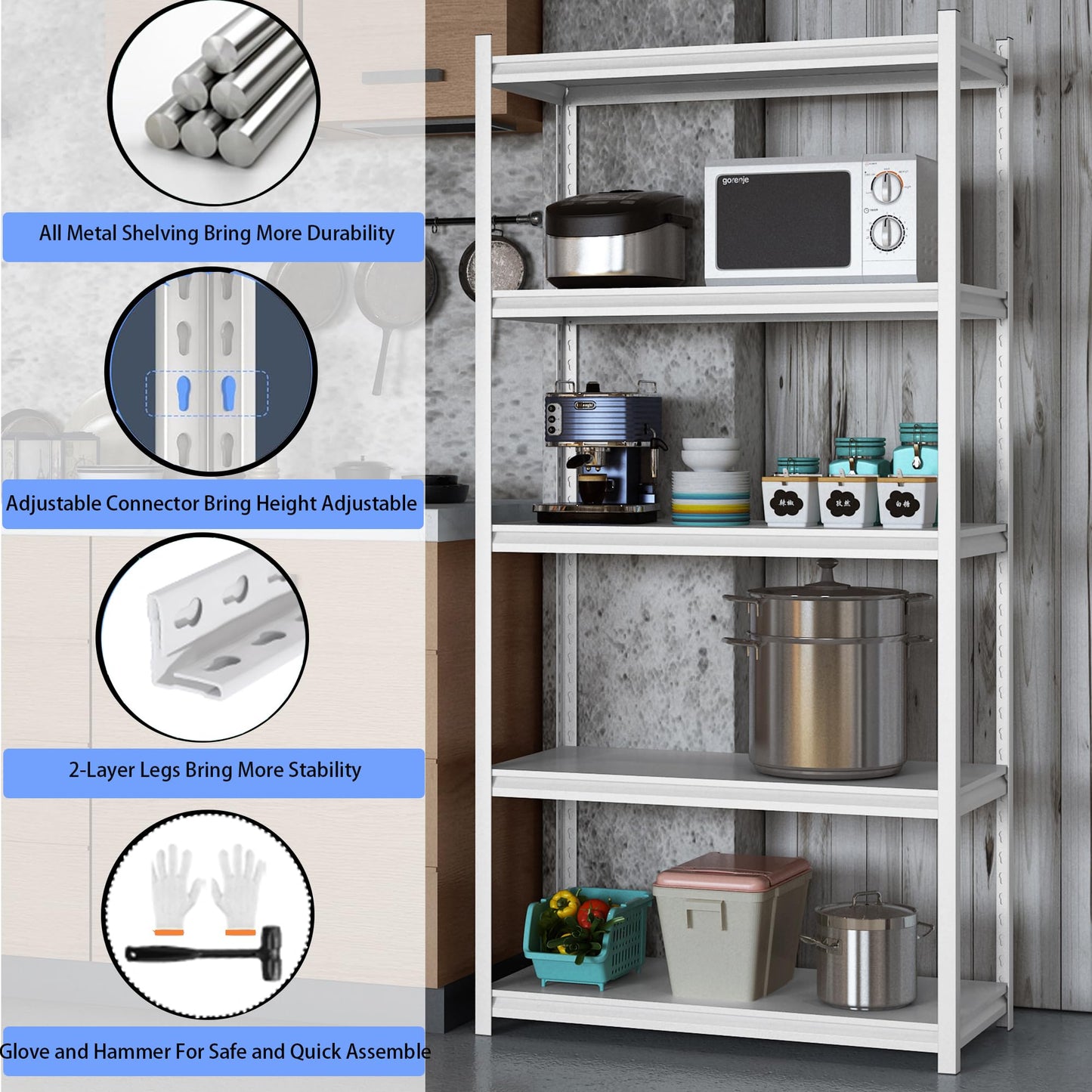 Elitehouse 5 Tier Metal Storage Shelves Adjustable Garage Shelving, Heavy Duty Industrial Utility Rack Organization for Kitchen, Pantry, Closet, Garage, Office (White)