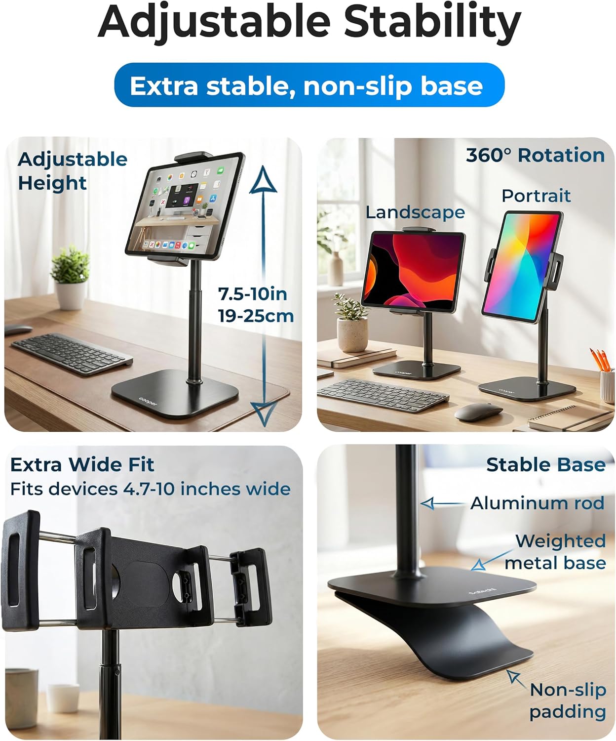 COOPER 10" TabStand Mini, Height Adjustable Tablet Stand, Ipad Stand for Desk, Portable Monitor Holder, Heavy Duty