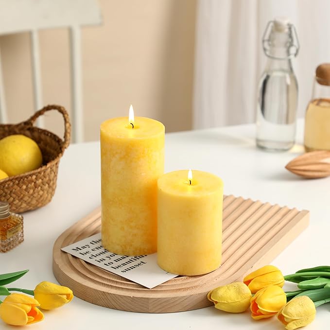 3x6 inch Yellow Pillar Candles Set of 3, Unscented Pillar Candle, Dripless and Smokeless Large Candles, Candle for Home Decor, Dinner Table,Weddings, Holidays