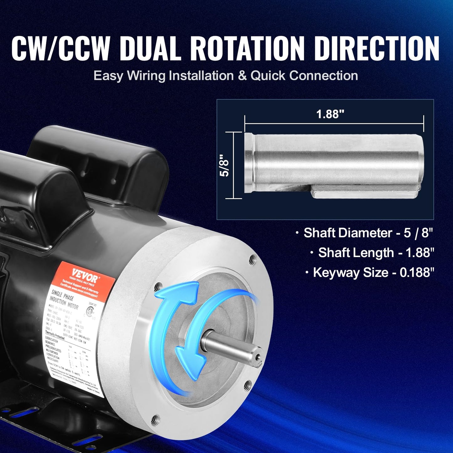 VEVOR 2HP Electric Motor 1725 RPM, AC 115V/230V, 56C Frame, Air Compressor Motor Single Phase, 5/8" Keyed Shaft, CW/CCW Rotation for Agricultural Machinery and General Equipment