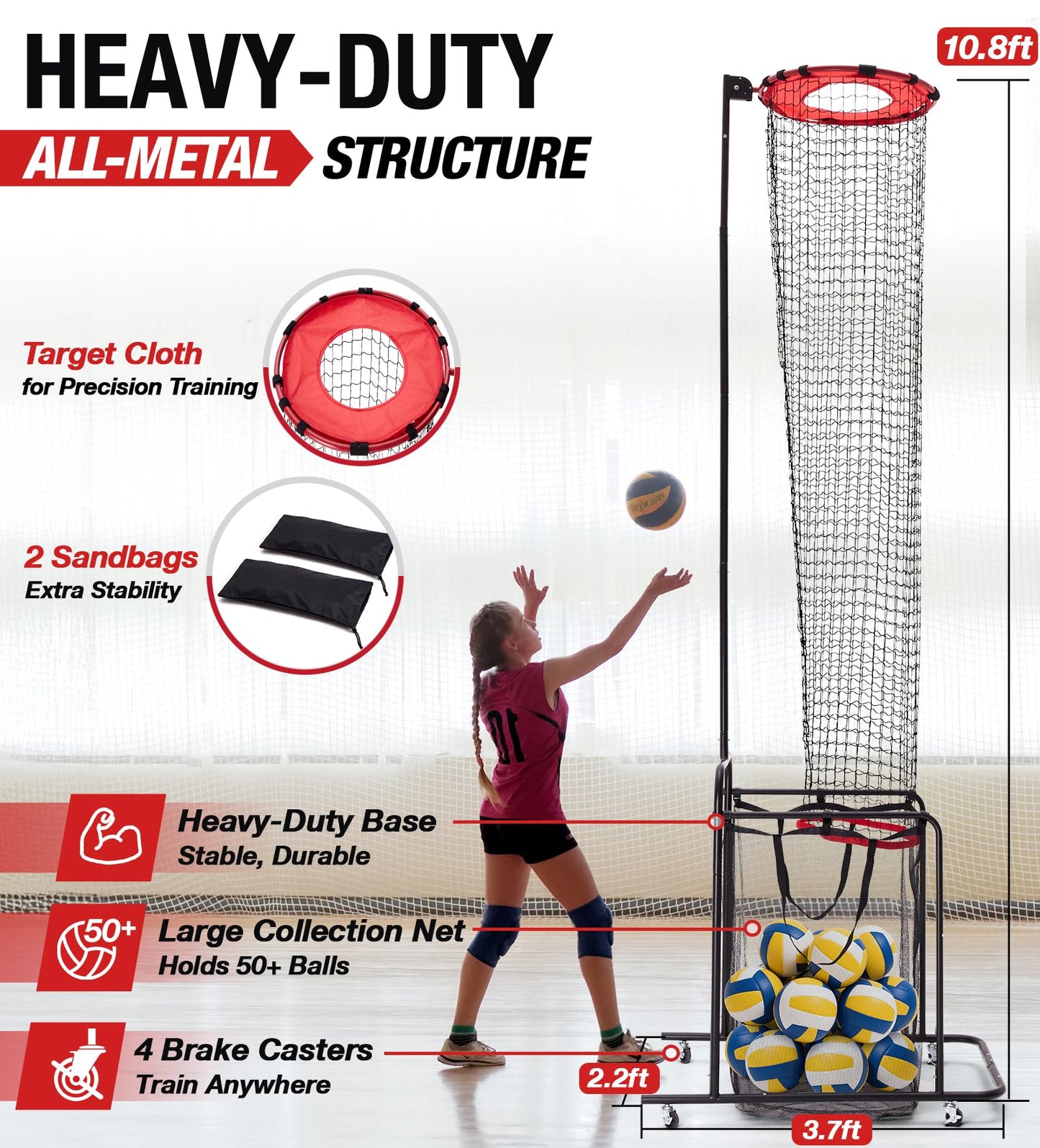 ZEALFEEL Volleyball Setter Training Net 6 Height & 5 Angle Adjustments, Volleyball Setter Training Equipment with Target Cloth Collection Bag 4 Wheels & Sandbag, Setting Trainer for Indoor Outdoor