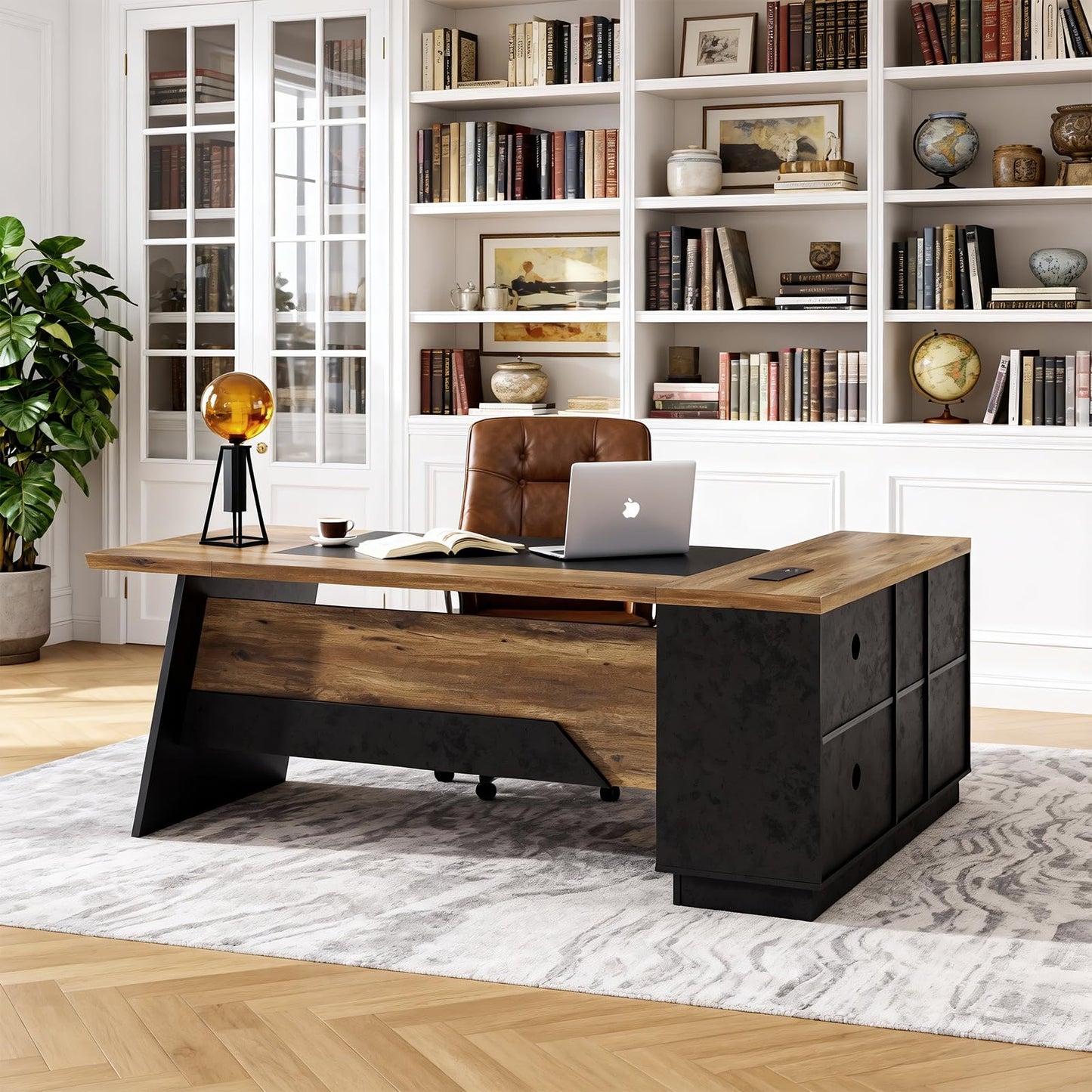 ONNAHOMEStlyle 78.74 Inch L Shaped Office Desk with Drawers & Built-in Power Access, Large Executive Workstation with Storage Cabinet, Modern Wooden Desk for Business or Home Office (claybank, Left)