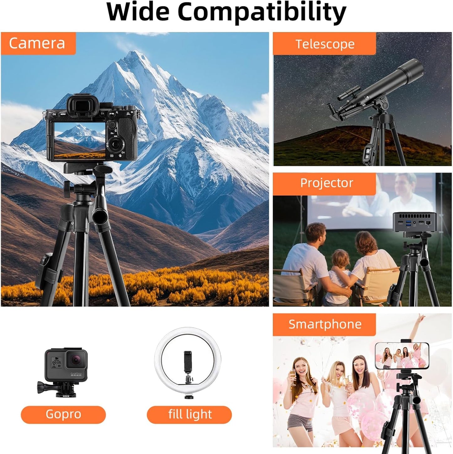Fotopro 51'' 3-Way Camera Tripod, Lightweight Portable Travel Tripods for Camera and Phone with Head Remote Control