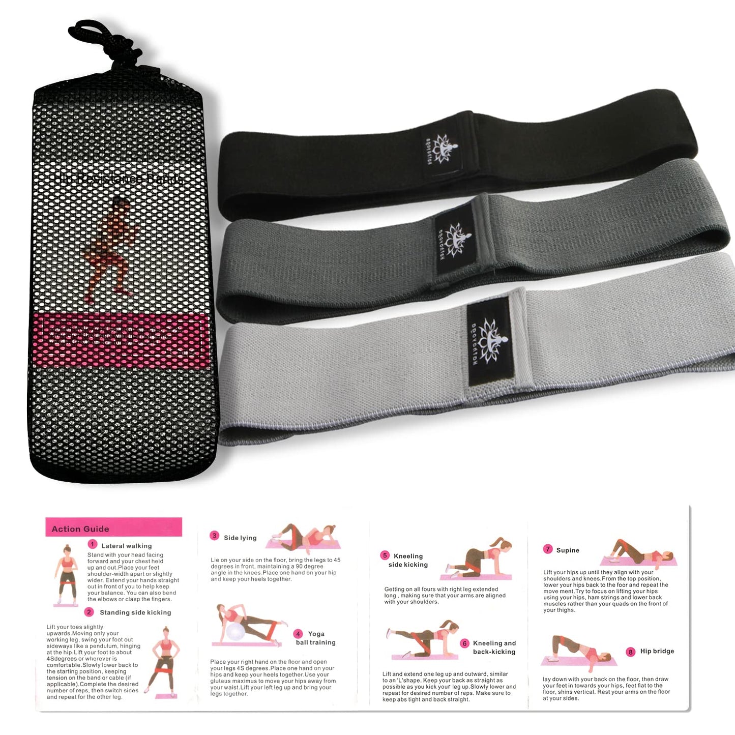 Hatha Yoga Large Resistance Band,14.5" x3.15",Fabric Exercise Loop Bands with Instruction Guide and Carry Bag, Set of 3.