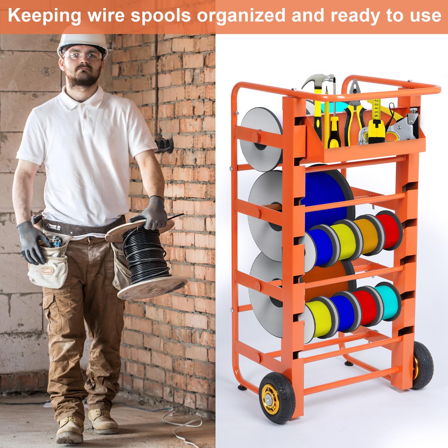 Gtouse Wire Spool Rack, Multi-Spool Wire Cart Cable Caddy, 11 Rods Heavy Duty Electrical Wire Spool Storage Holder with Wheels, Cable Spool Dispenser Rack for Electrical Industrial Retail