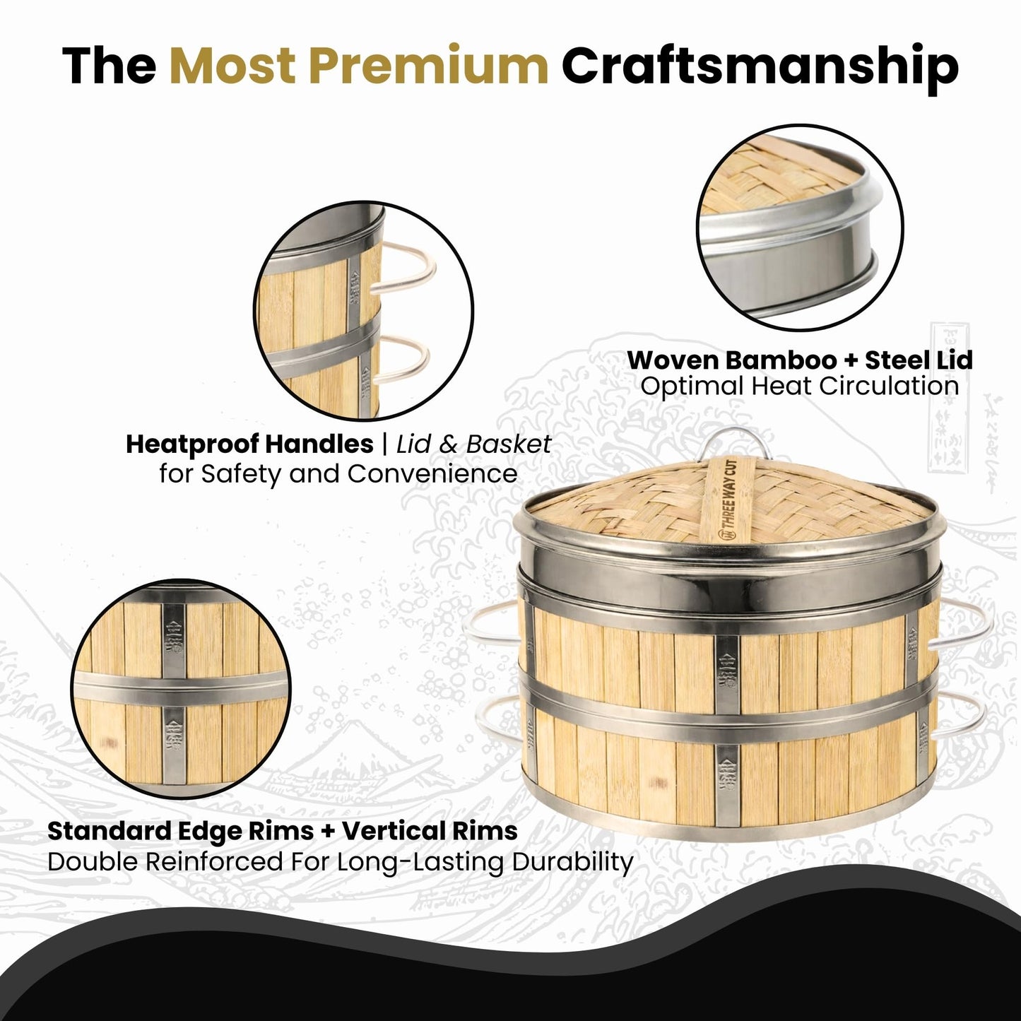 Bamboo Steamer 10" - Heavy-Duty Dumpling Steamer Basket, 2 Tier Bamboo Steamers for Cooking & Steaming Dim Sum, Bao Bun, Gyoza, Shumai & Vegetables - 10 Inch Steam Baskets with Handles & Accessories Set