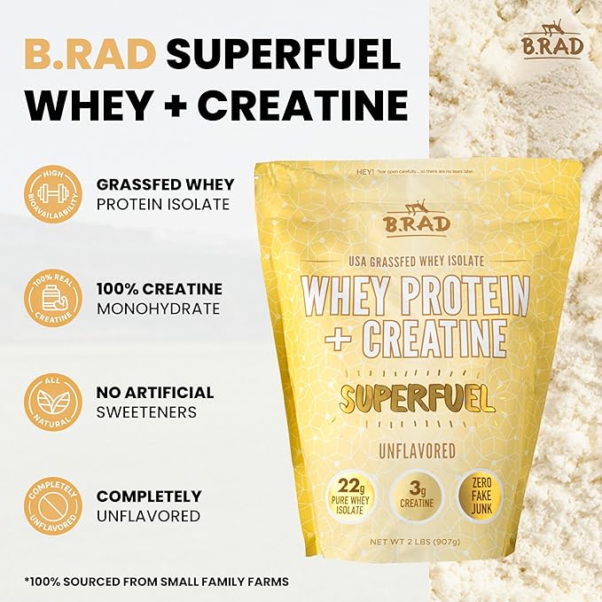 B.rad Superfuel - Grass Fed Whey Protein Isolate Boosted with Creatine | Farm-Fresh, Easy-to-Digest, Clean Ingredients | 2 Pounds | 100% USA Sourced | Unflavored
