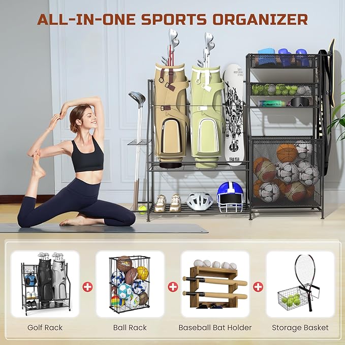 Garage Sports Equipment Organizer,3 Golf Bags Storage Stand,Heavy-Duty Ball Storage Rack with Basket and Hooks,Space-Saving Design for Toy Sports Gear Storage Indoor/Outdoor Use