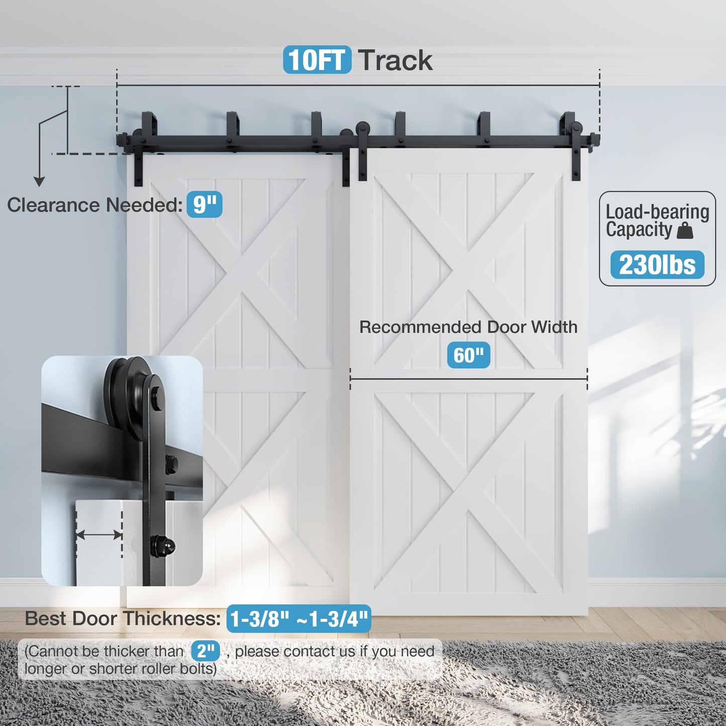 ZEKOO 10FT Double Track Bypass Sliding Barn Door Hardware Kit for 2 Doors, Bypass Barn Door Track Kit, Low Ceiling, Easy Instal, I Shape Hanger, Fit 60" Wide Door Panel