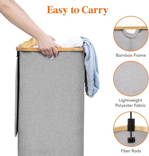 Lifewit 100L Laundry Basket - Foldable Hamper with Lid & Bamboo Handles | Light Gray, Removable Bag
