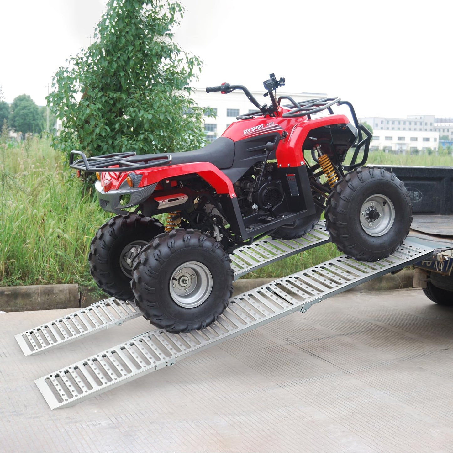 72x9 Inch Foldable Ramps, Folds into Three Sections, Set of Two ATV Ramp, Silver Color, Total Weight Capacity 1500 lbs Ramp for Lawn Mower