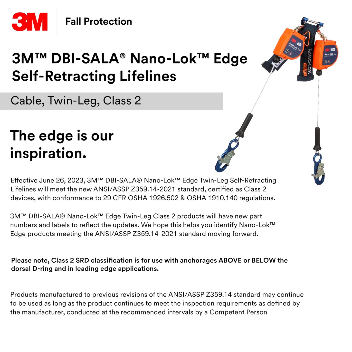 3M DBI-SALA Nano-Lok Edge Twin-Leg Personal Self-Retracting Lifeline 3500276, Cable, Steel Rebar Lock Hook, 8 ft. Class 2, ANSI