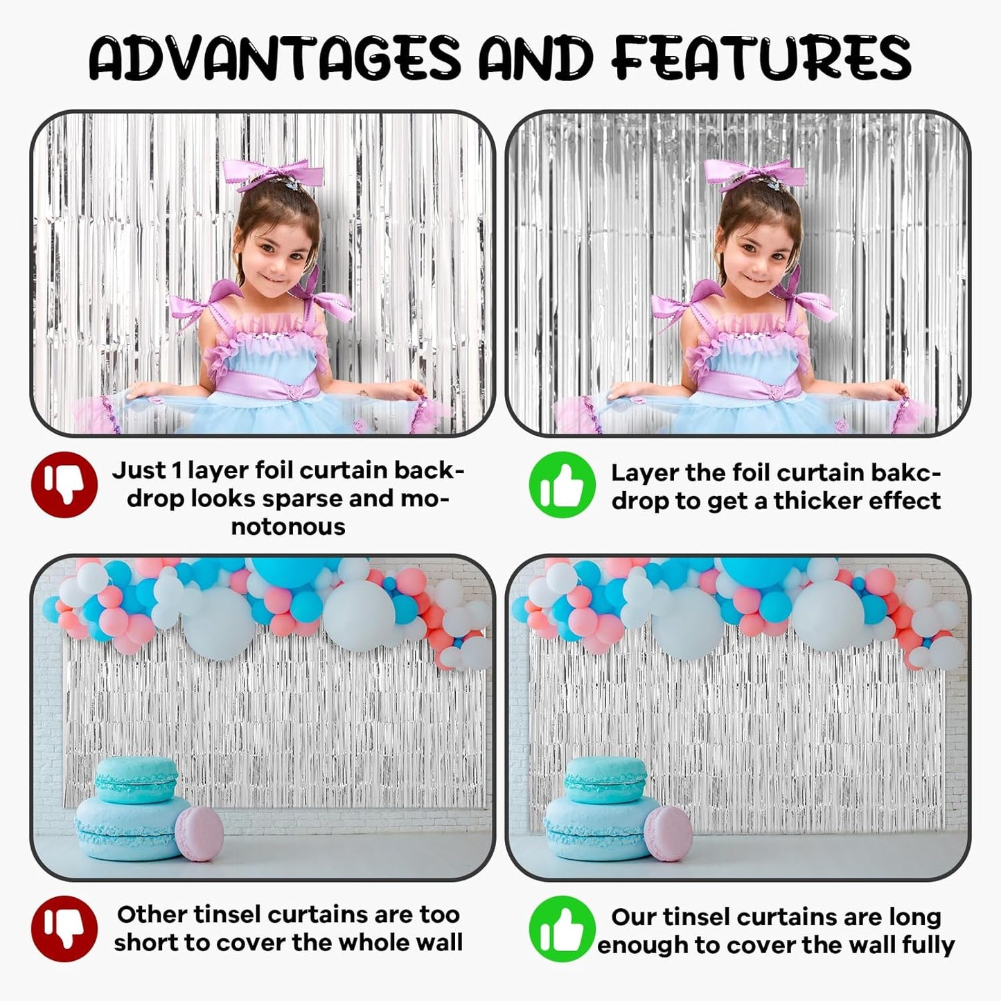 Voircoloria Silver Foil Fringe Backdrop Curtains - 2 Pack Tinsel Streamers for Parties & Celebrations