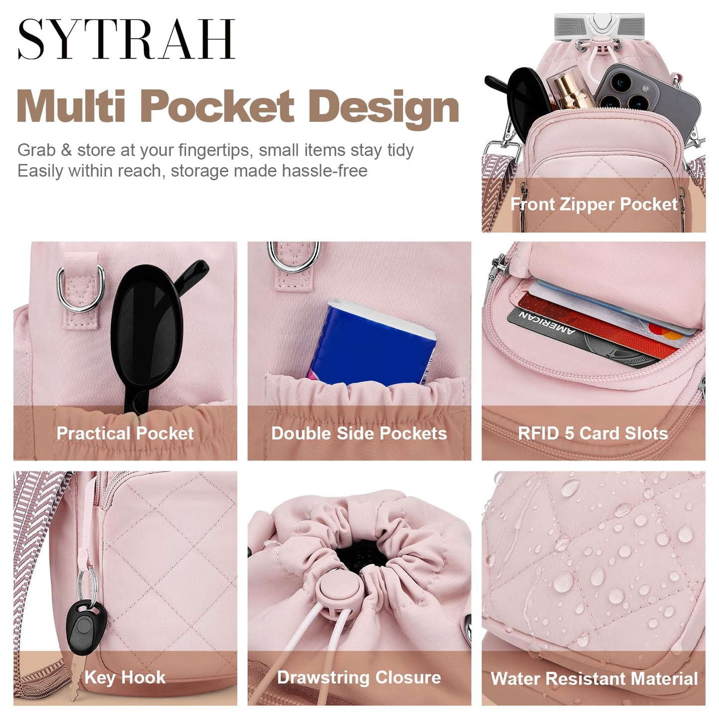 SYTRAH Water Bottle Bag Crossbody，Insulated Water Bottle Purse Crossbody Water Bottle Holder with Strap 40 oz, Sling Bag for Walking Hiking, Pink