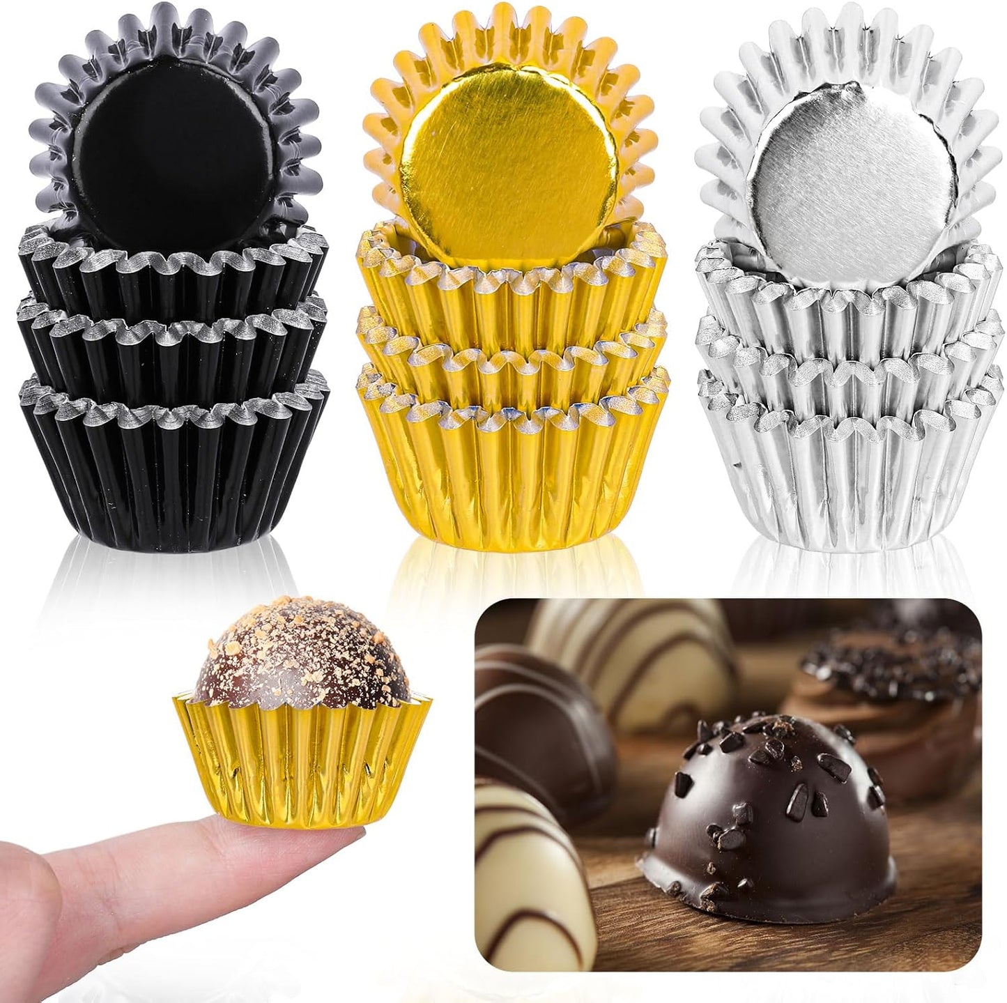 Whaline 300Pcs Graduation Cupcake Liners - Black Gold Silver Foil Baking Cups for Party Supplies