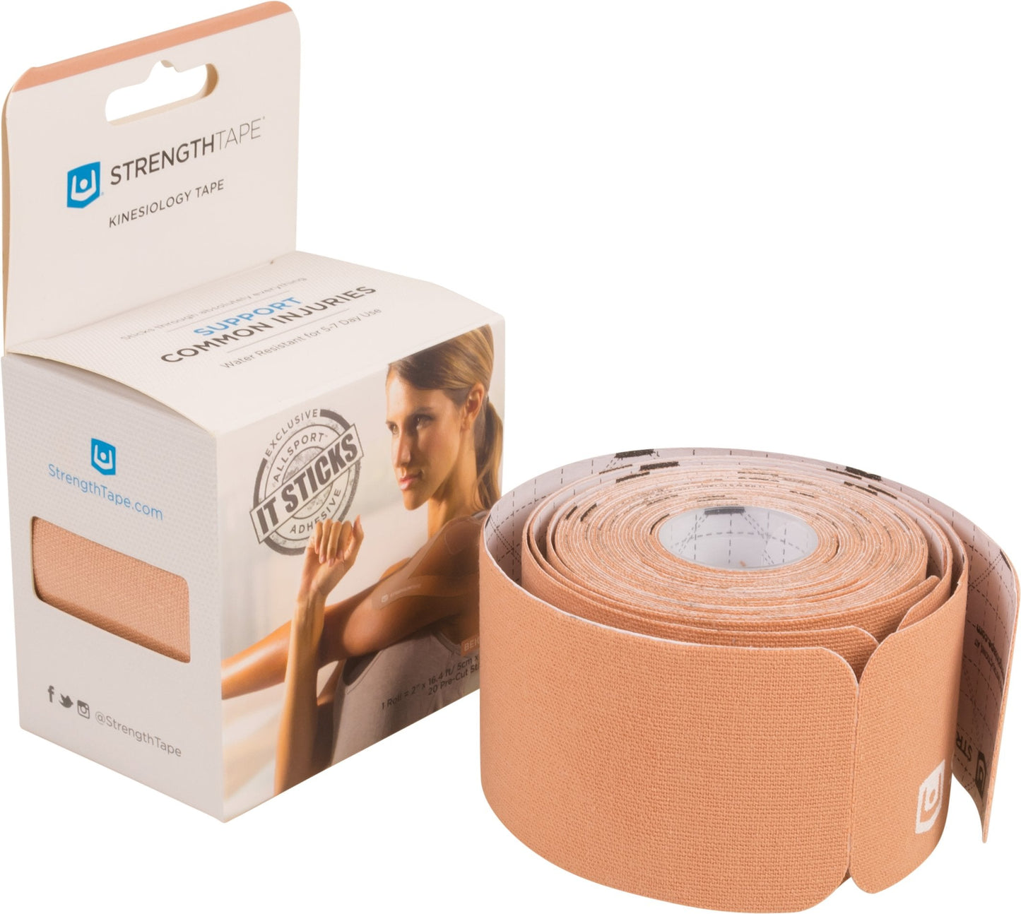 StrengthTape Kinesiology Tape - 16.4' (5m) Roll of 10" Precut Strips - Beige
