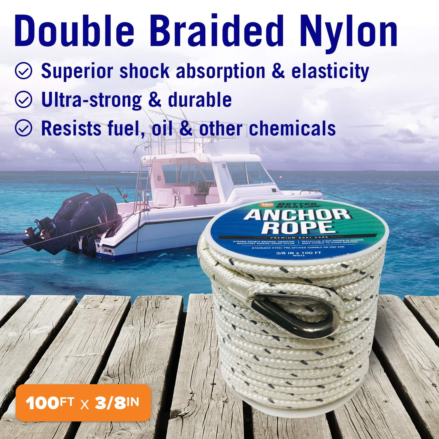 Better Boat Premium Anchor Rope, 100 Ft Double Braided White Nylon Marine Line, Reflective 3/8 Inch Reel for Anchors and Boats - White