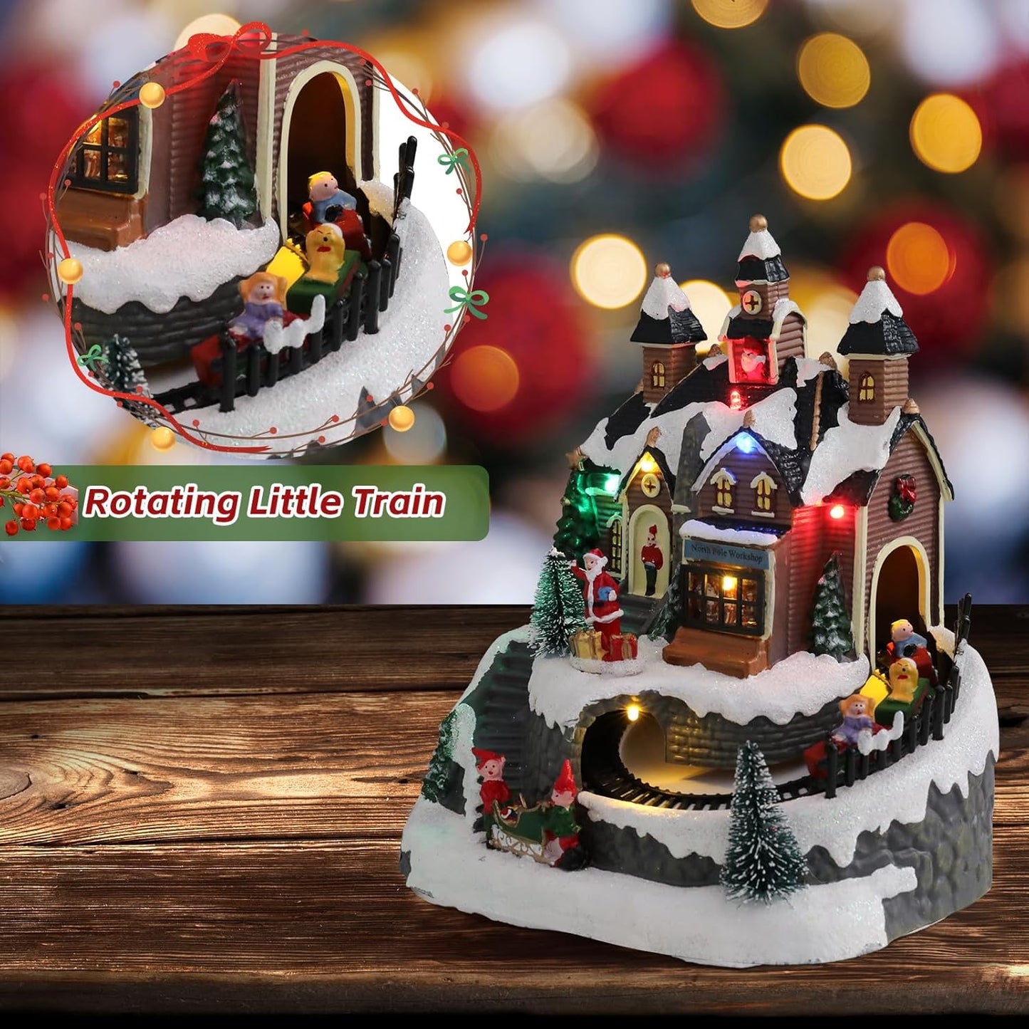 Wonder Garden Christmas Village Houses - Colorful Musical Snow Village Figurine with LED Lights & Train
