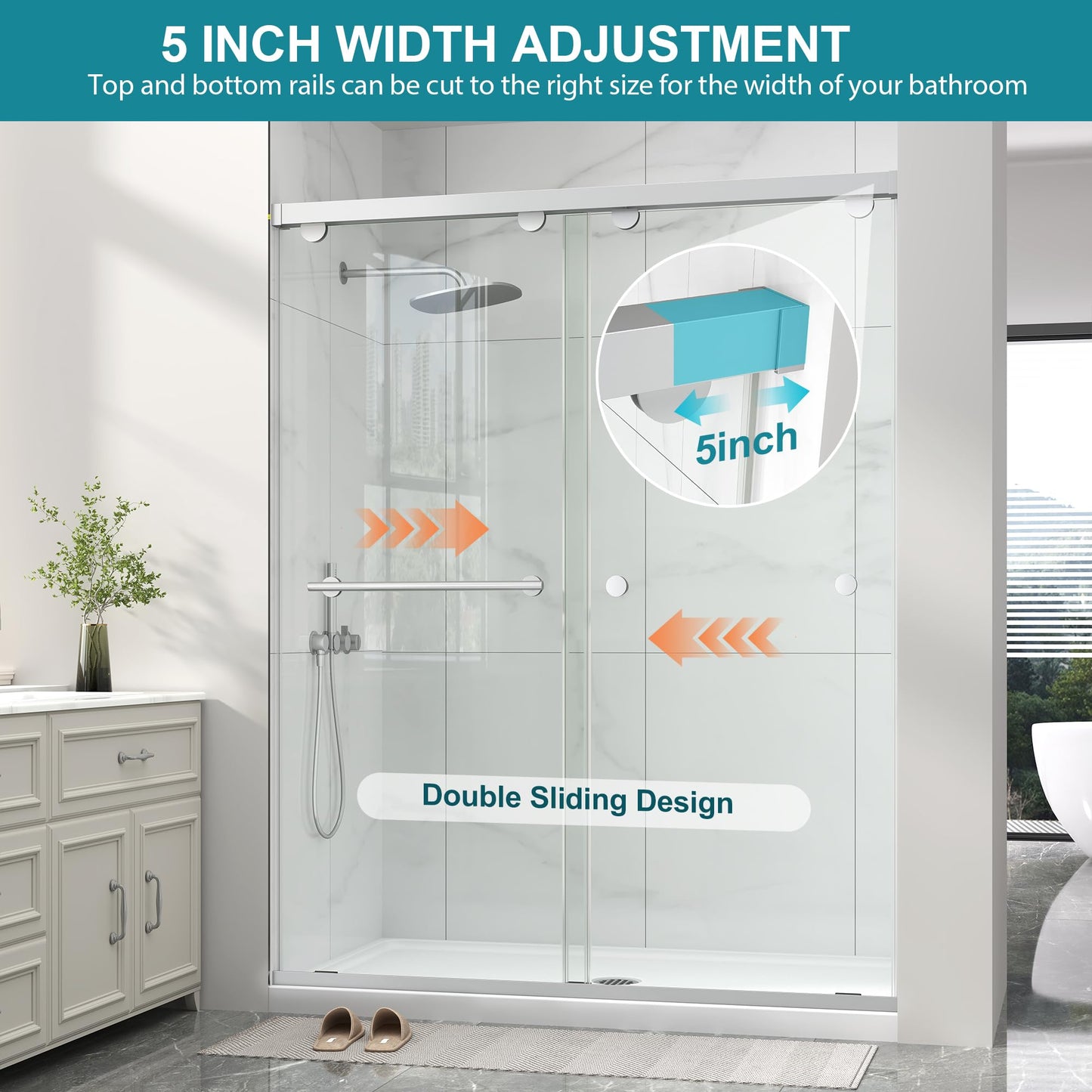 Frameless Shower Door with Soft-Close & Anti-Leak,5/16" (8mm) Double Sliding Shower Door,Nano Coating Anti-Explosion Film SGCC Tempered Glass 49"- 54" W x 76" H,Brushed Nickel