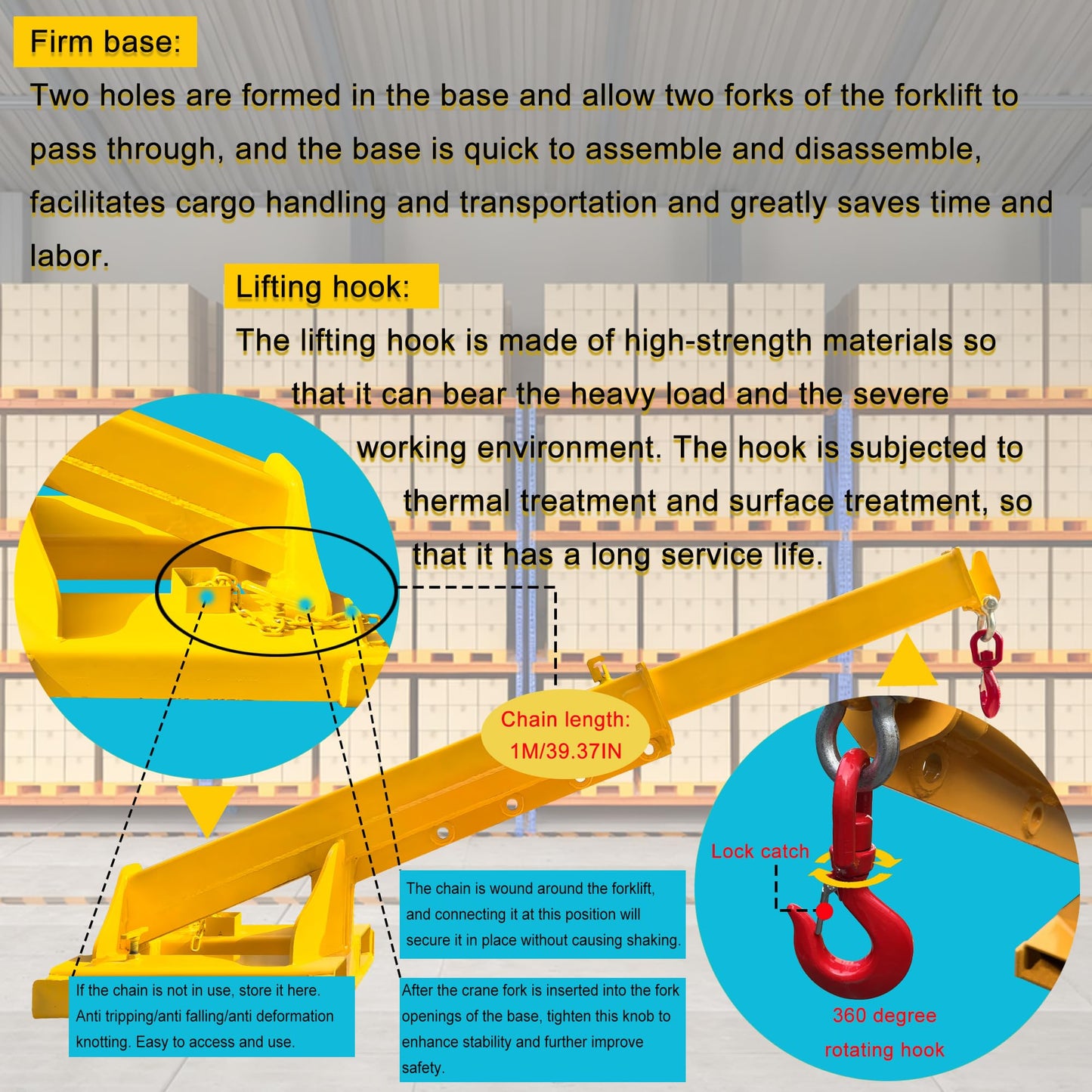 HayWHNKN Forklift Jib Boom Forklift Mobile Crane, 5T / 11000LB Telescopic Crane Attachment with Hook, Max Length 96.5'' Mobile Lifting Hoist Towing Handling for Warehouse & Construction Material