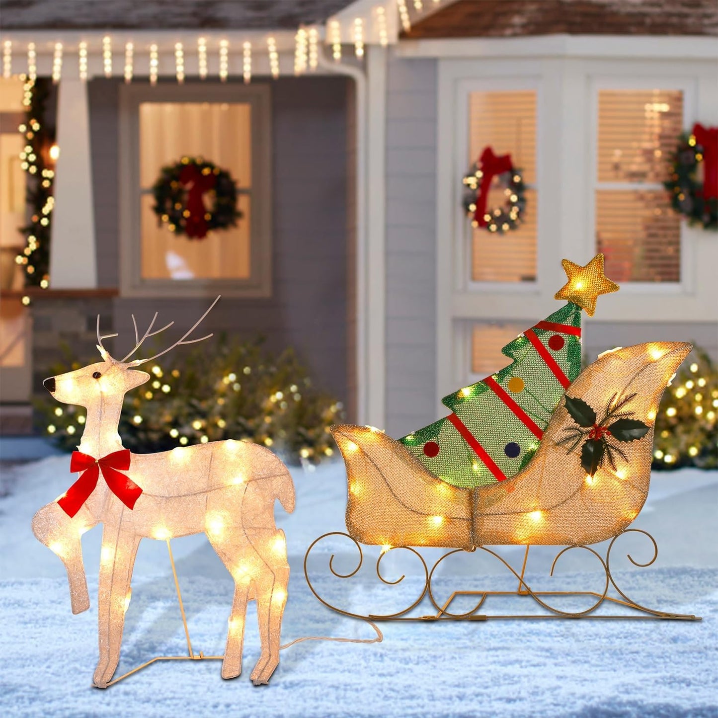 WATERGLIDE Christmas Decorations - 23 Inch Lighted Reindeer & Santa Sleigh | Pre-Lit Outdoor Yard Decor