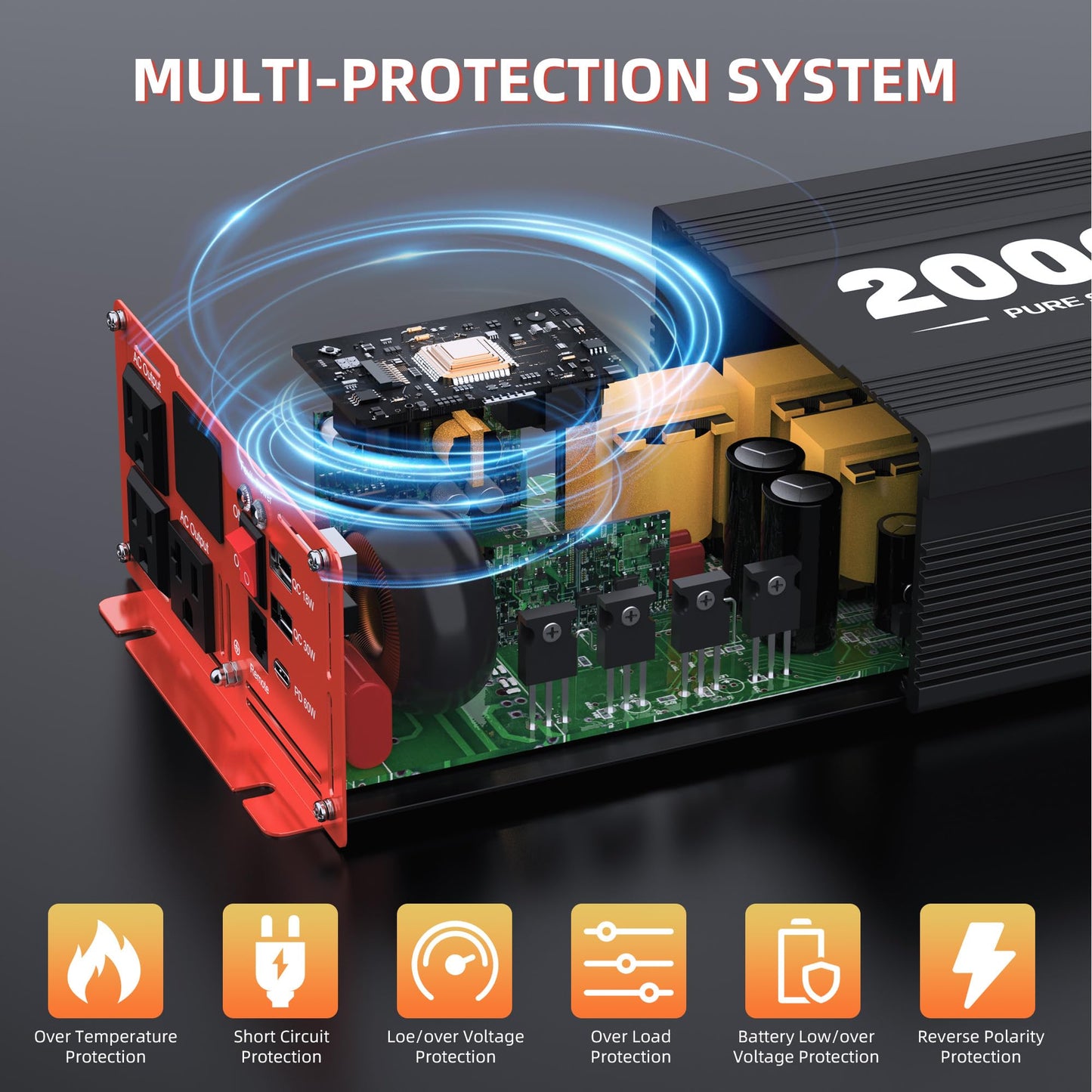 2000 Watt Pure Sine Wave Power Inverter DC 12V to 120V AC, with 2 AC,18W USB, and 30W Type-C Charging Ports, Car Solar Power Inverters with LCD Display for Home RV Truck